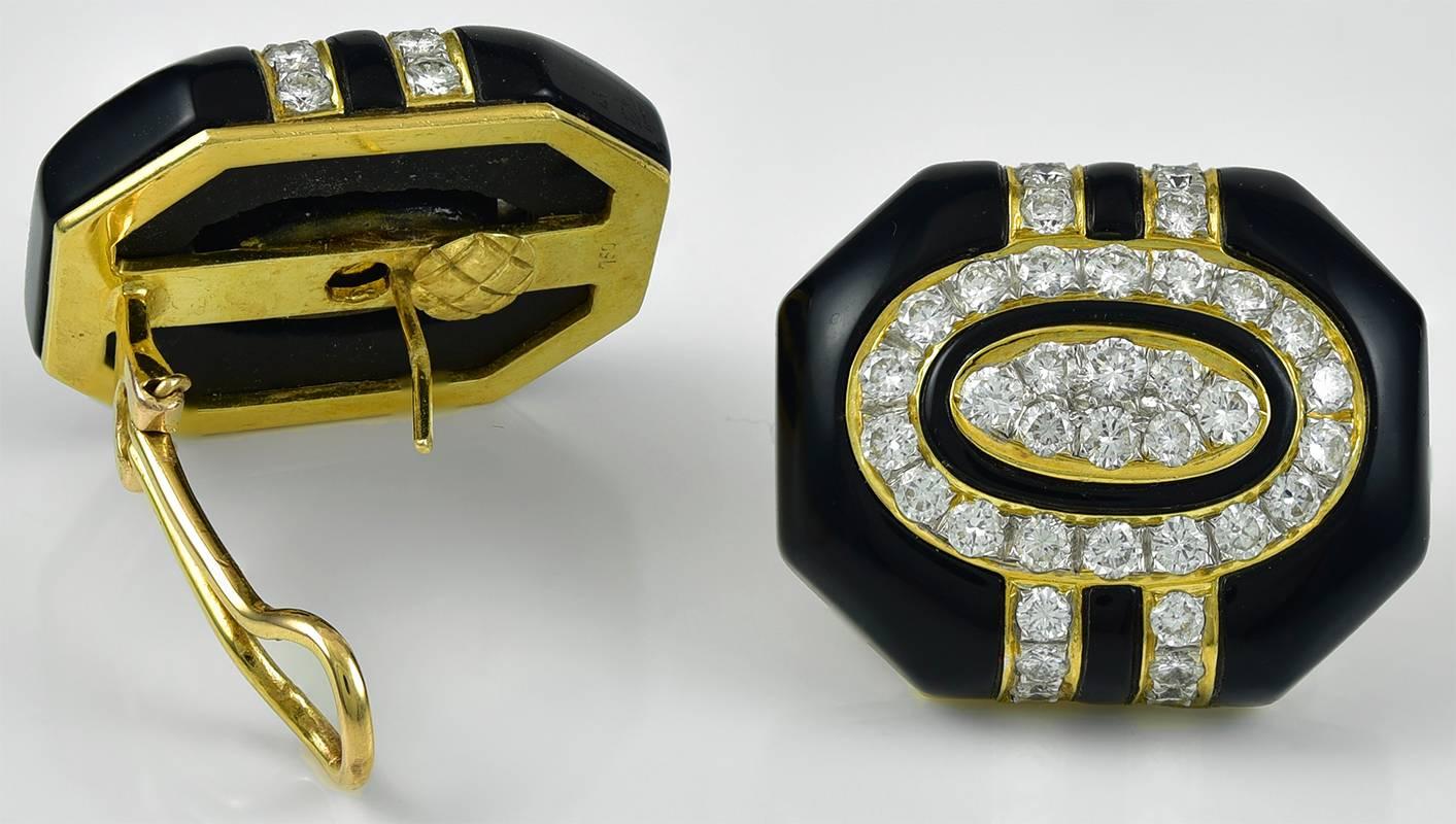 Gorgeous, statement black enamel and diamond earrings set in 18K. They are currently pierced, but the post can be removed easily, to make them clip. They're in pristine condition.  