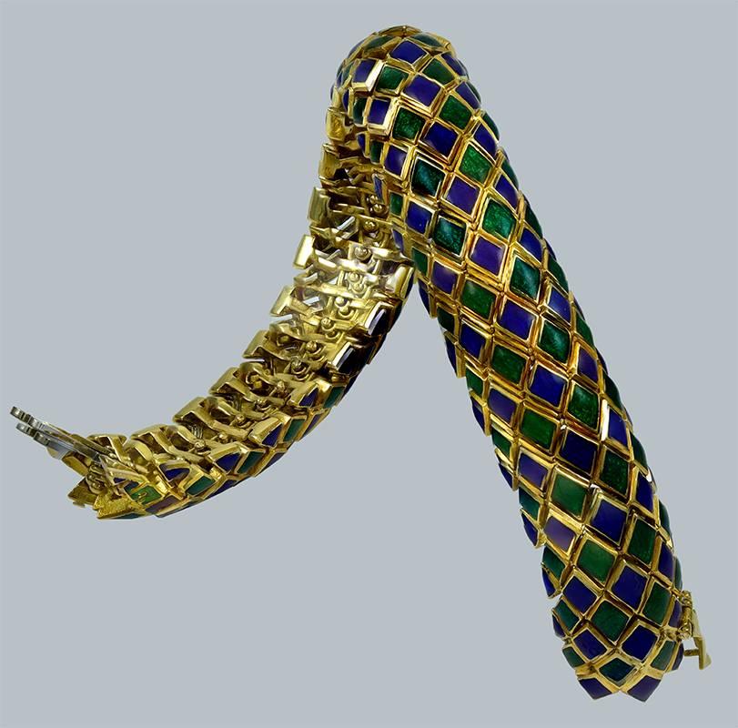 Women's Rare David Webb Blue Green Enamel Snake Bracelet For Sale