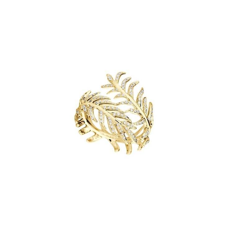 Contemporary Diamond Pave Gold Fern Ring For Sale