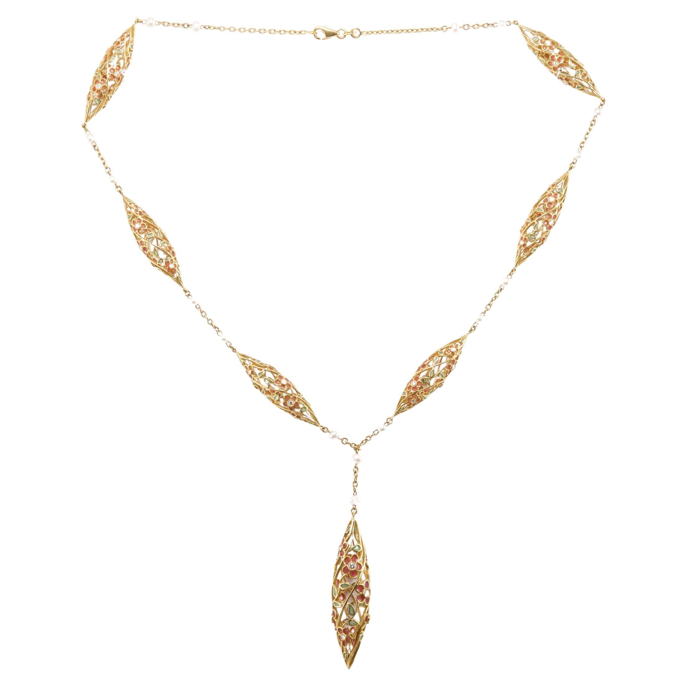 Olympus Art zertifizierte, emaillierte, Diamant- und Gold-Regentropfen-Halskette im Angebot