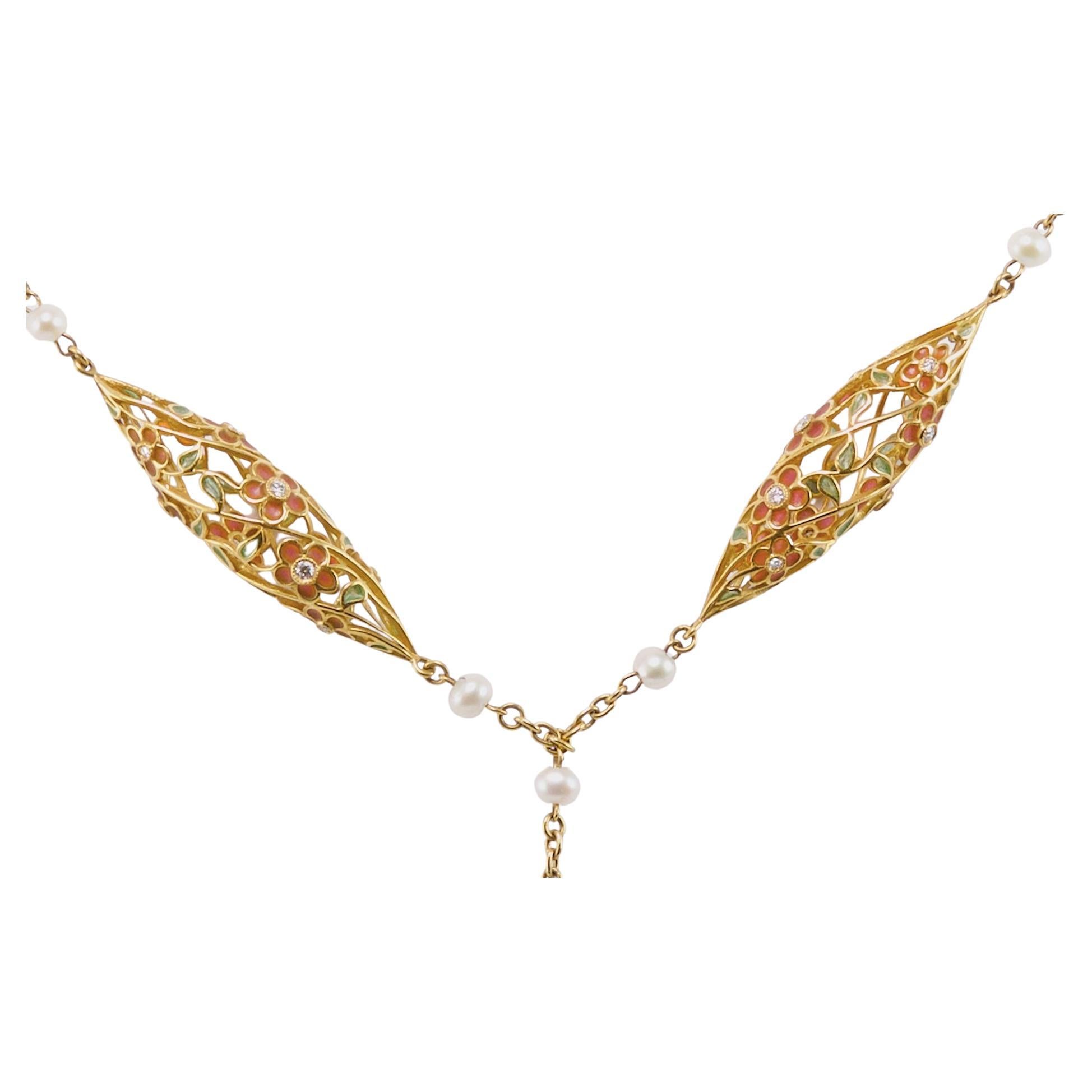 Olympus Art zertifizierte, emaillierte, Diamant- und Gold-Regentropfen-Halskette (Rundschliff) im Angebot