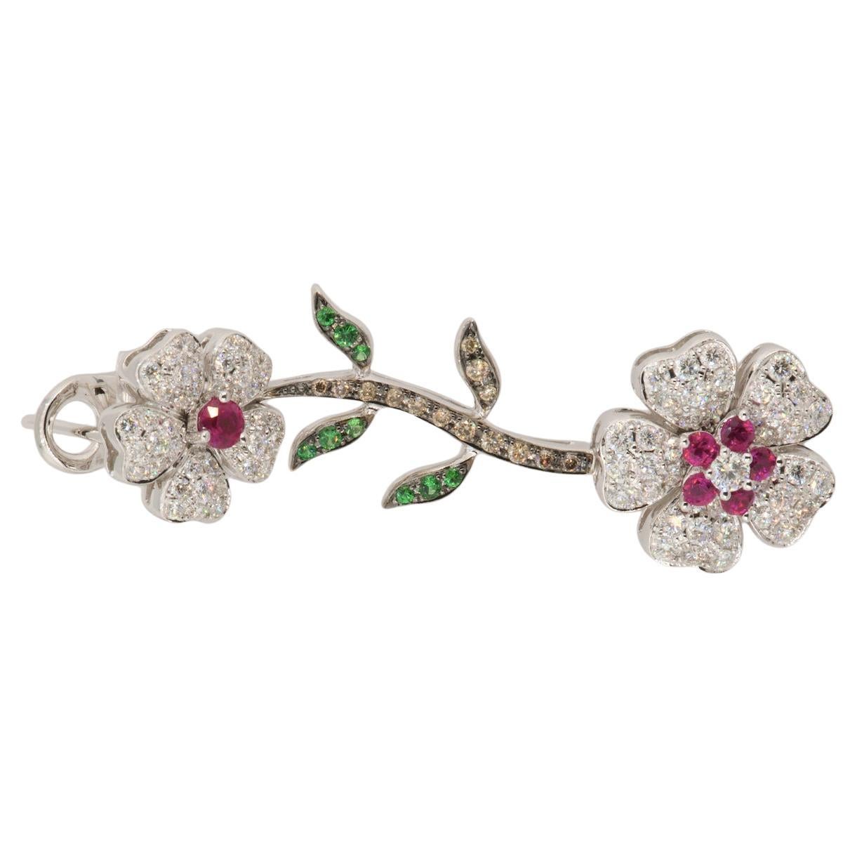 Olympus Art Certified,
18K 750 White Gold,
2.13 ct. Diamond Round,
0.23 ct. Diamond Round Brown,
0.18 ct. Tsavorite,
0.89 ct. Ruby

 Clematis

Cup-shaped, white and mauve flowers appear on the Clematis 'Huldine' after the height of summer and last