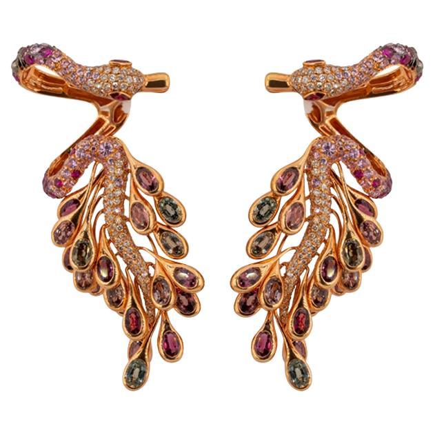 Boucles d'oreilles en or rose avec diamants, saphirs roses, tourmaline et spinelle