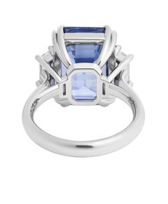 Certified 3 Stone Ring with Emerald cut Blue Sapphire