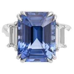 Certified 3 Stone Ring with Emerald cut Blue Sapphire