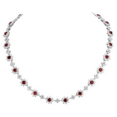 Diamond and Ruby Flower Cluster Necklace
