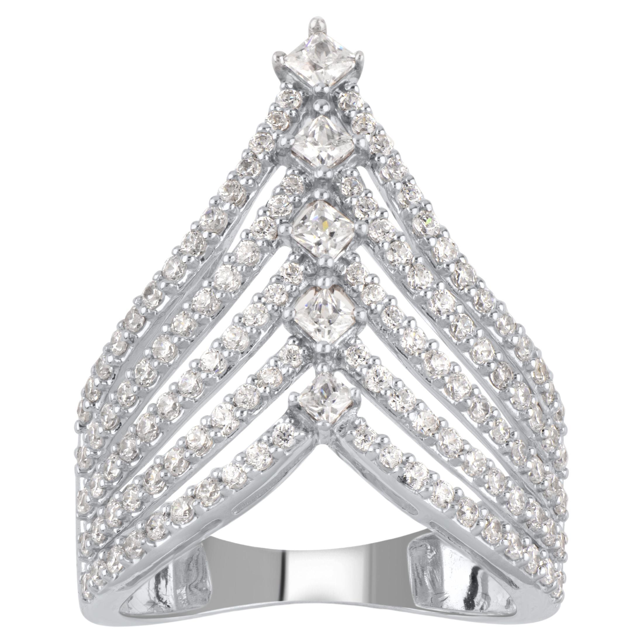 TJD 1.50Carat Round and Princess-cut Diamond 14K White Gold Multi-row tiara Ring For Sale