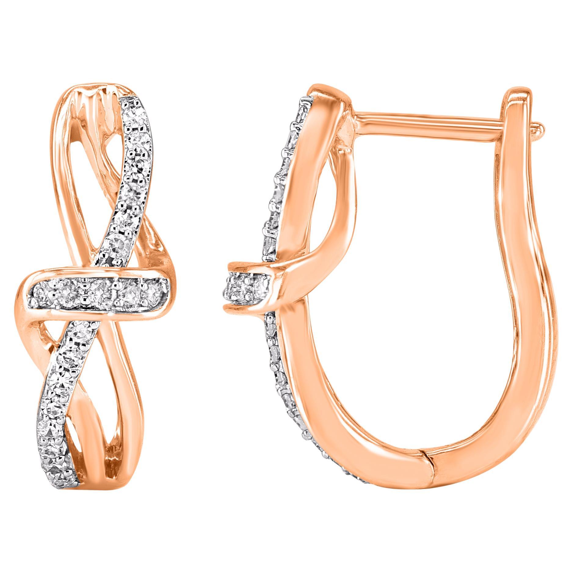 TJD 0.20Carat Round Diamond 14 Karat Rose Gold Twisted Knot Huggie Hoop Earrings For Sale