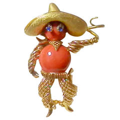 Whimsical Sapphire Coral Gold Bandito Brooch circa 1950s