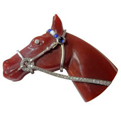Vintage Agate Sapphire Diamond Platinum Regal Horse Brooch