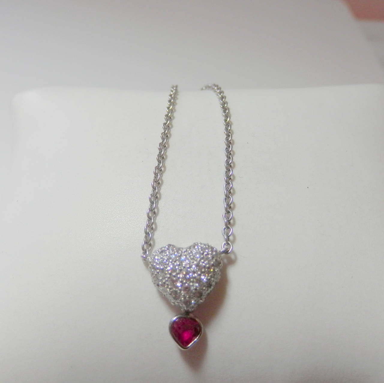 Ruby Diamond Platinum Double Heart Pendant In Excellent Condition In Aspen, CO