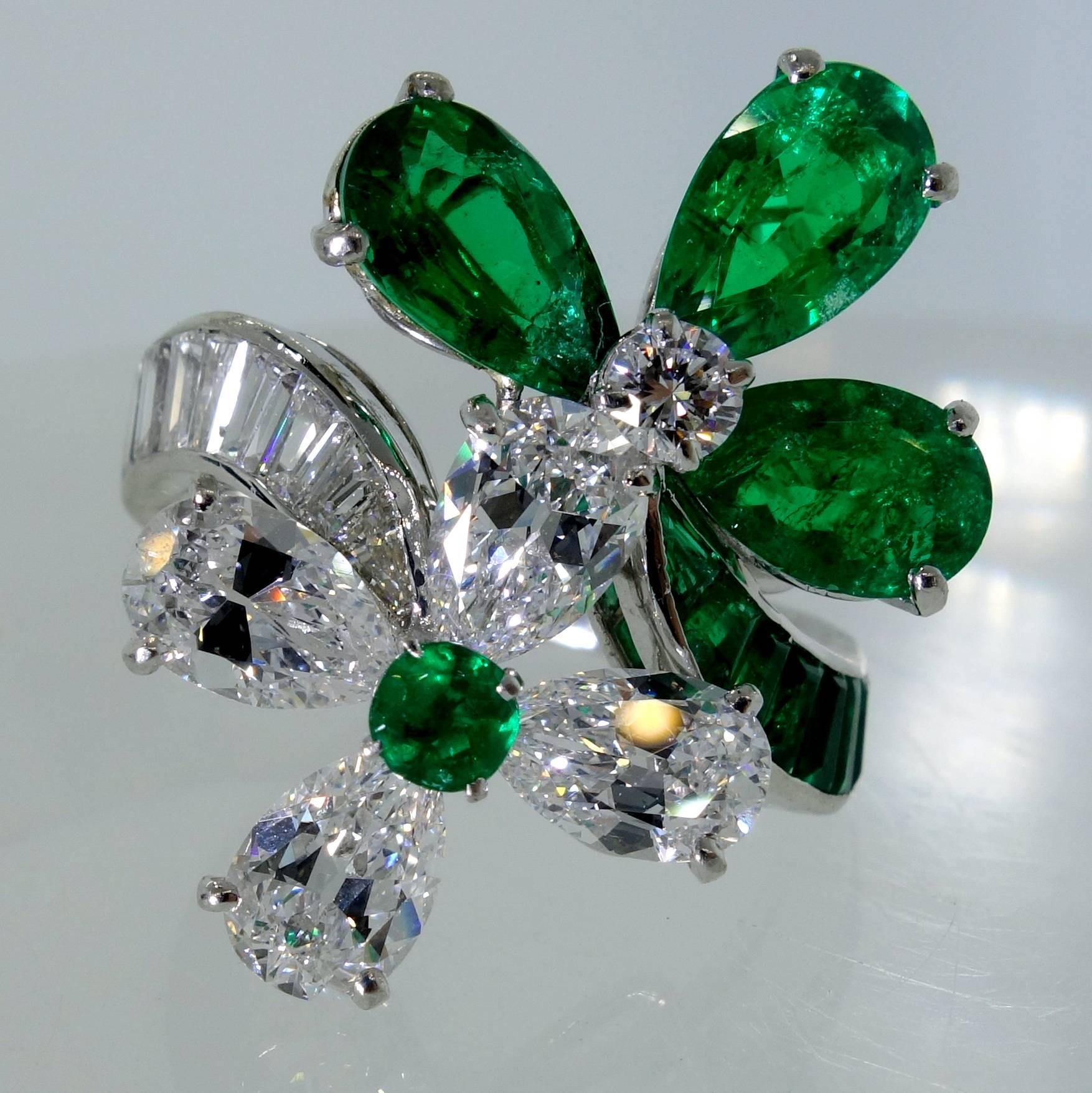 Contemporary Fine Emerald Diamond Platinum Ring