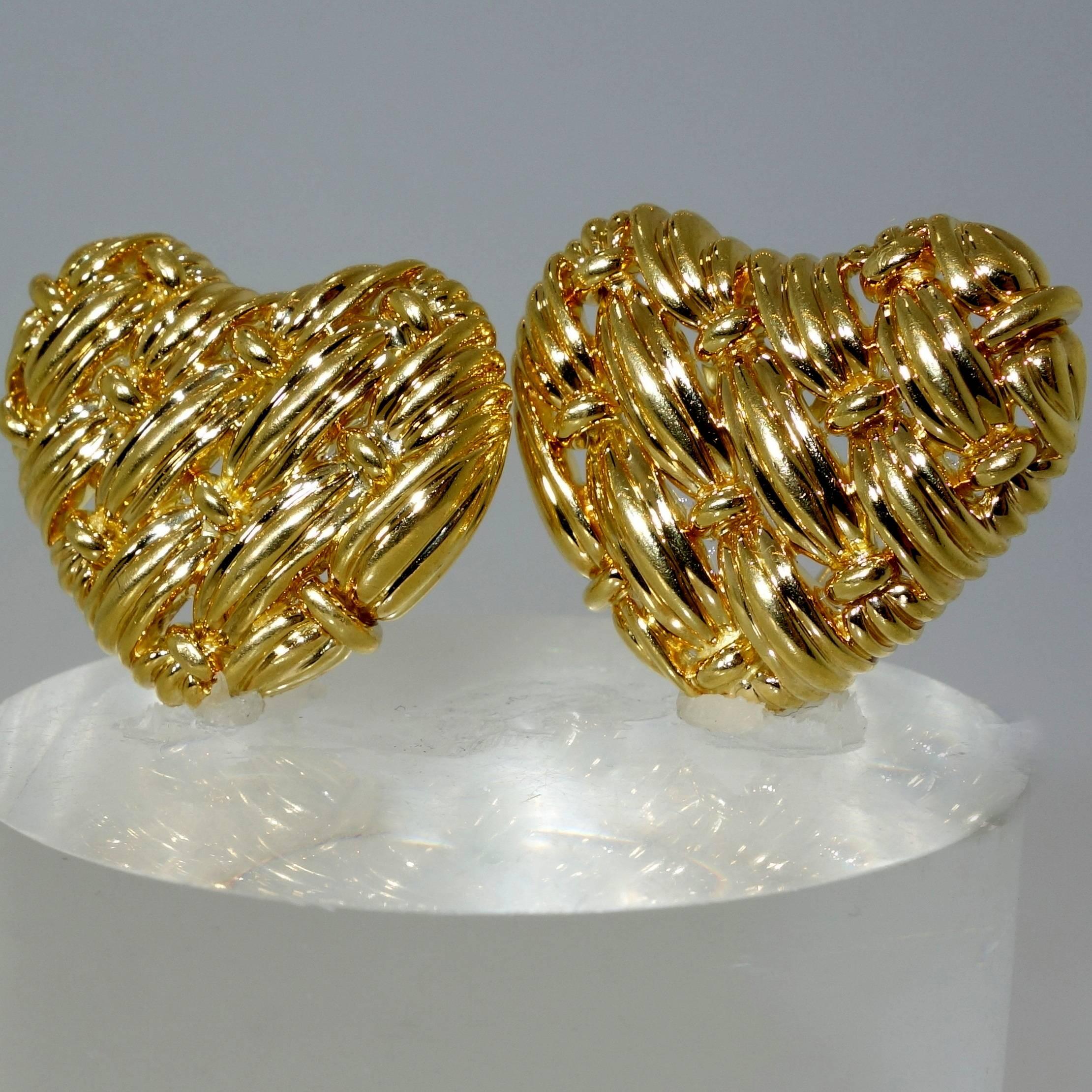 18K woven yellow gold heart motif earrings.  These substantial and well made earrings are now for a non pierce ear, however, we can easily convert them to a lever-back pierced ear for the purchaser