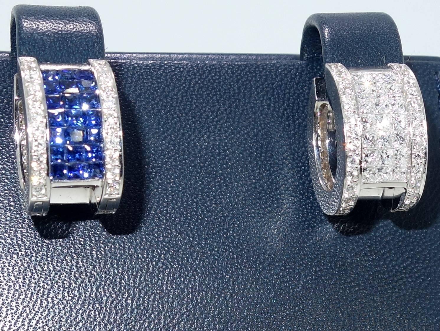 These earrings have approximately 3.15 cts. of fine diamonds - both round modern brilliants and square cut diamonds.  The square cut diamonds are invisibly set.  These diamonds are near colorless (H) and very slightly included (VS) in clarity.  The