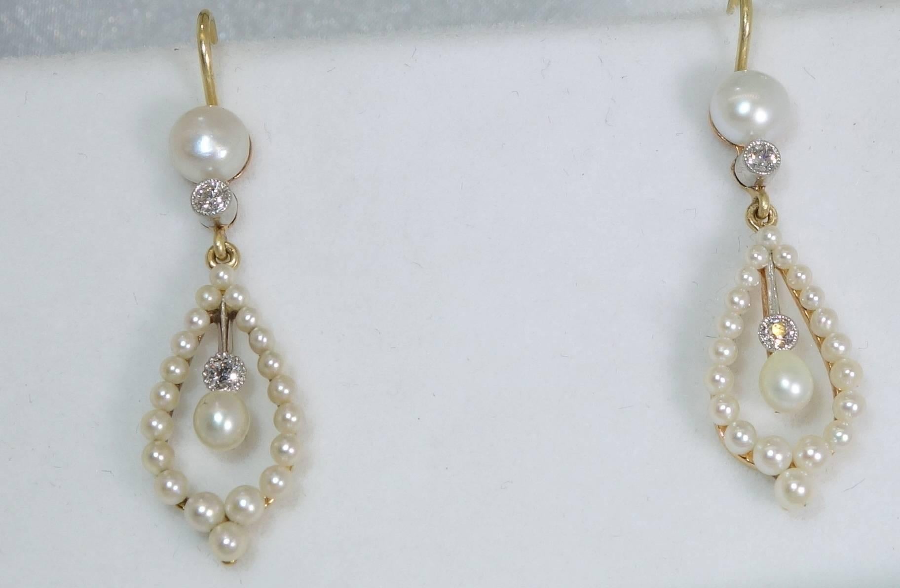 Edwardian Natural Pearl Diamond Gold Platinum Earrings In Excellent Condition In Aspen, CO