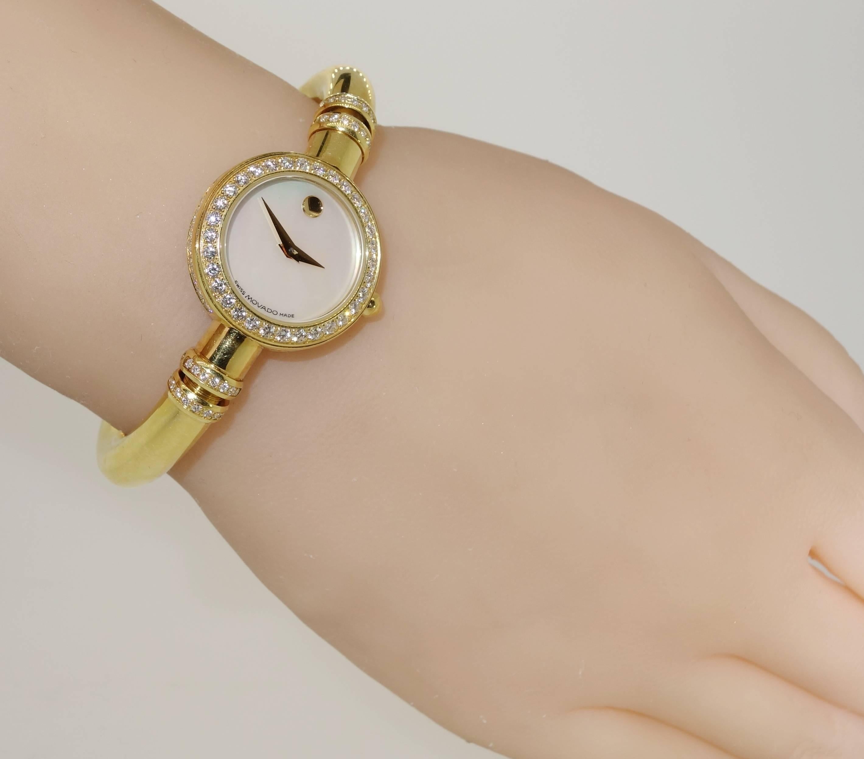 Movado Ladies Yellow Gold Diamond Bangle Bracelet Quartz Wristwatch 2