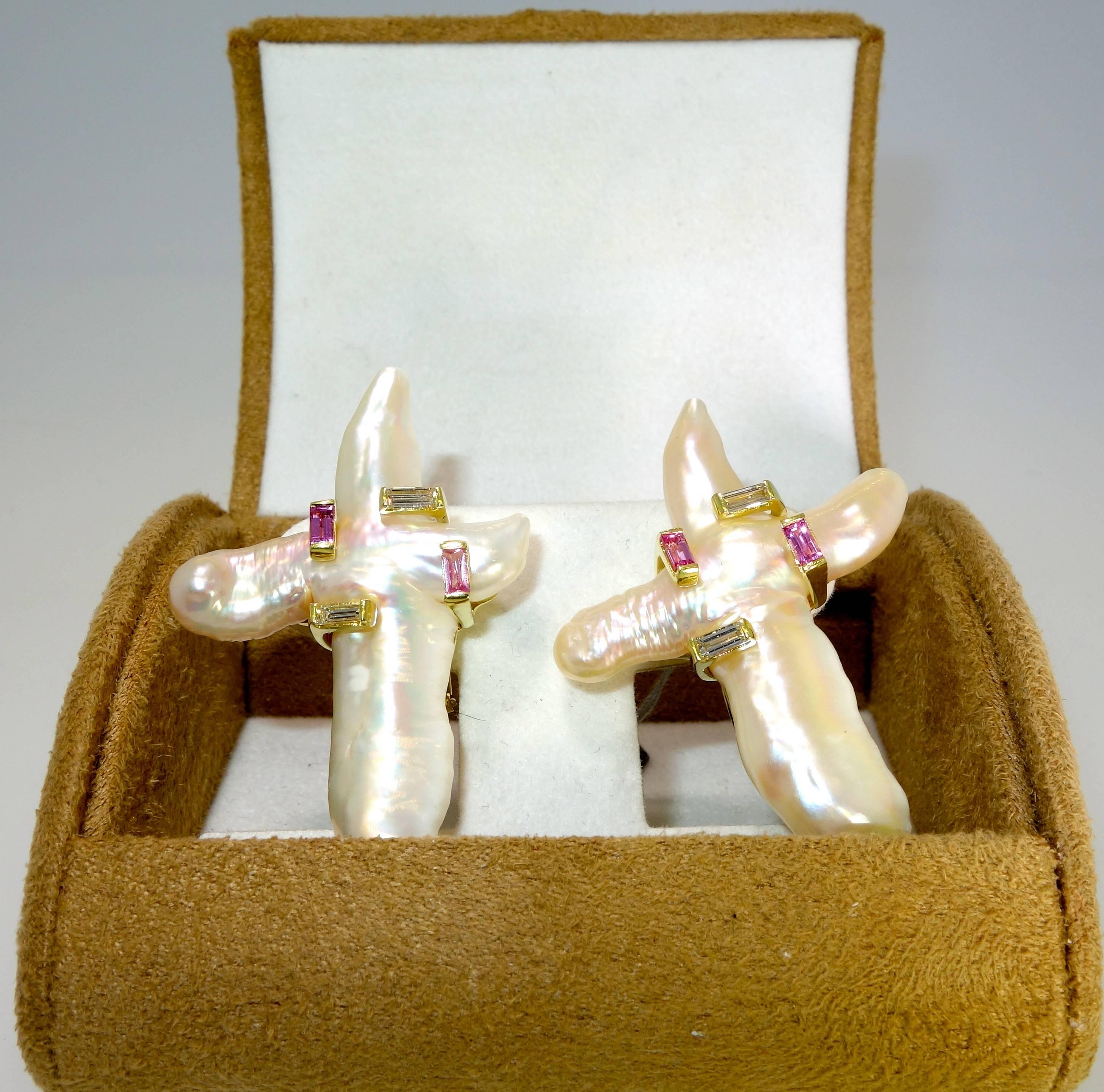 Christopher Walling Pink Sapphire, Diamond and Pearl Earrings In Excellent Condition In Aspen, CO