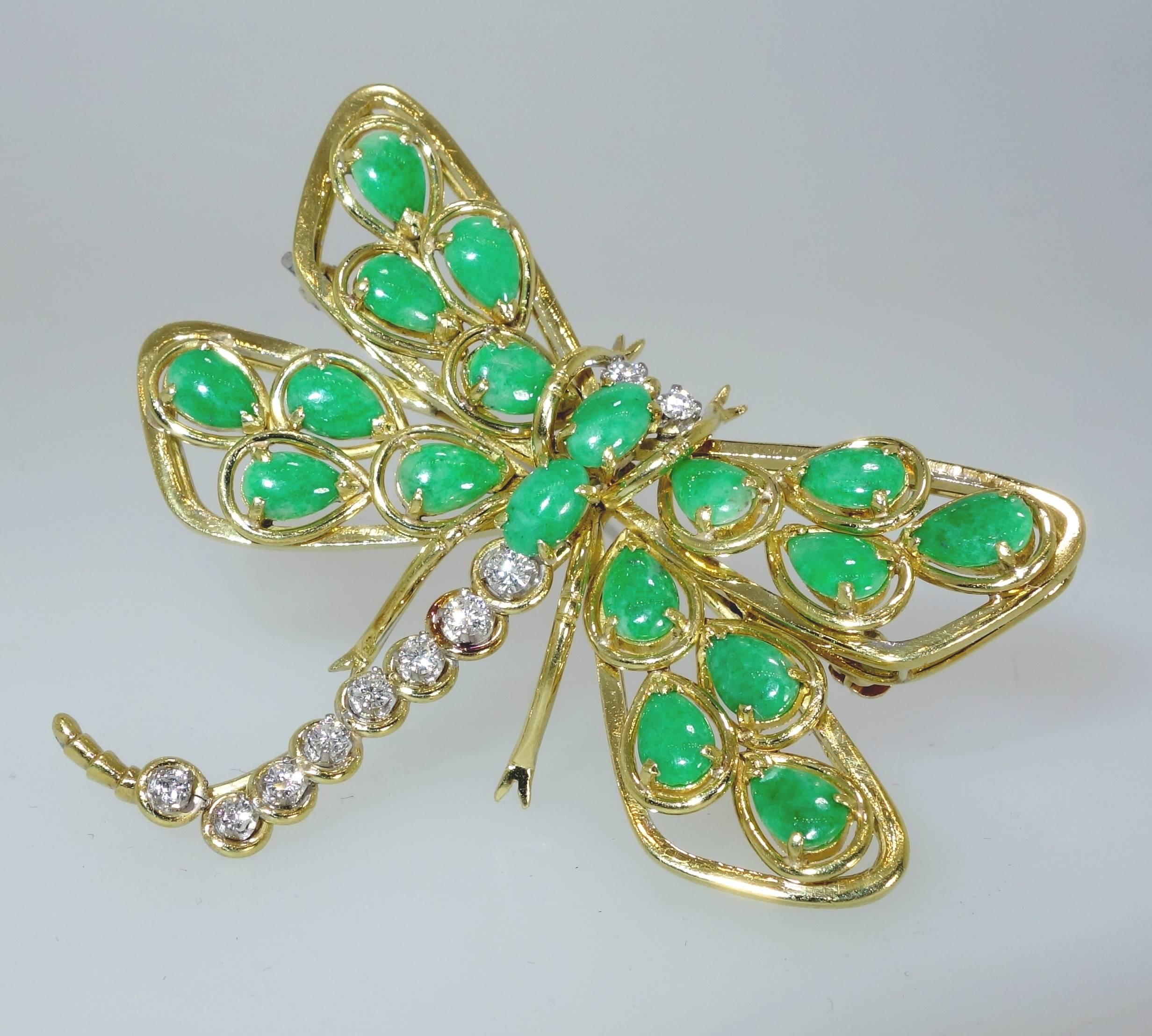 Contemporary Jade Diamond Gold Dragonfly Brooch