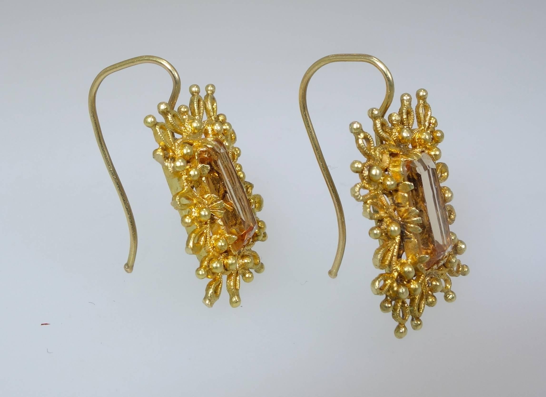 Early Victorian Antique Precious Topaz Cannetille Gold Earrings 