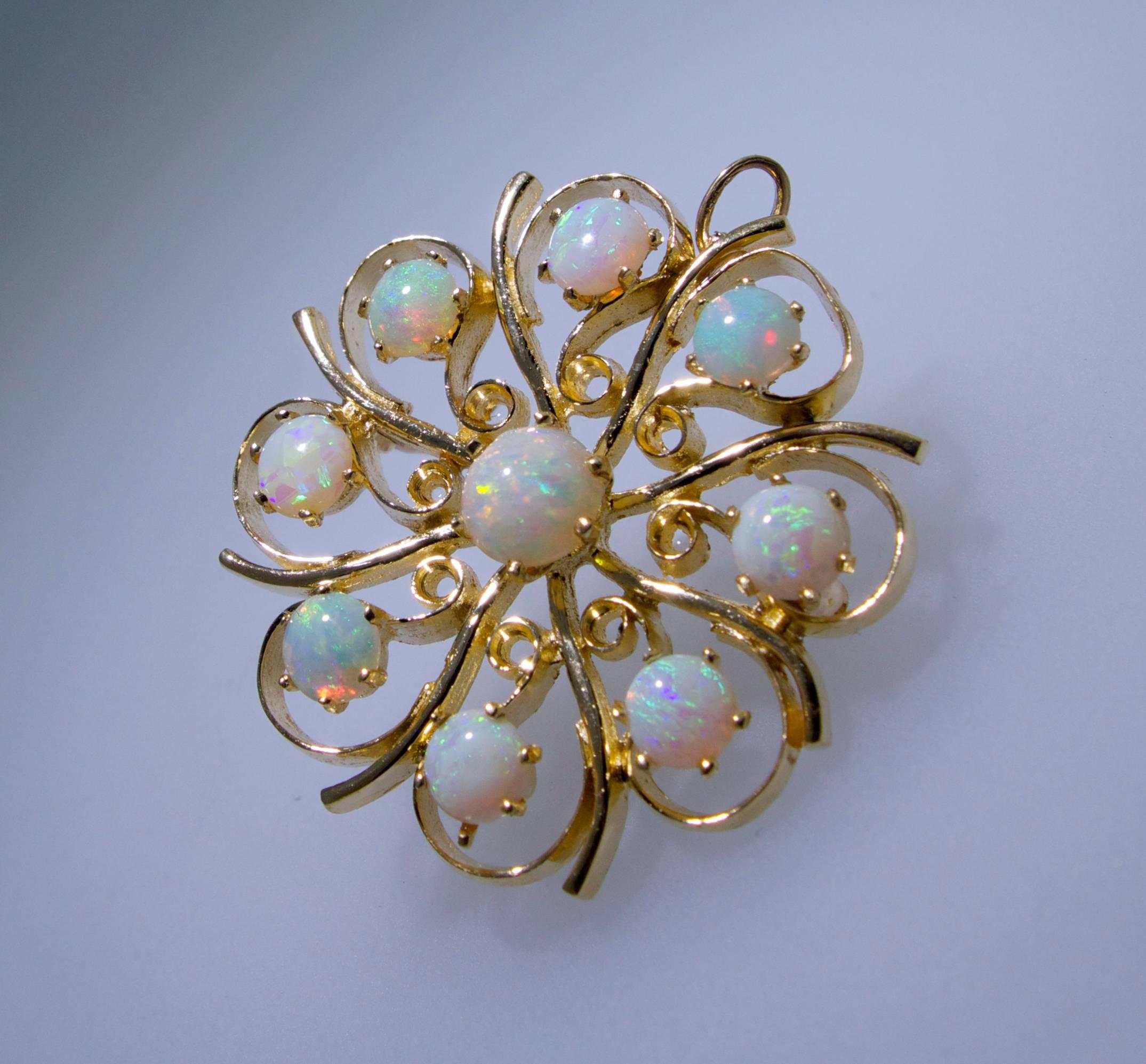 Nine Opal Yellow Gold Pin Pendant In Excellent Condition In Aspen, CO