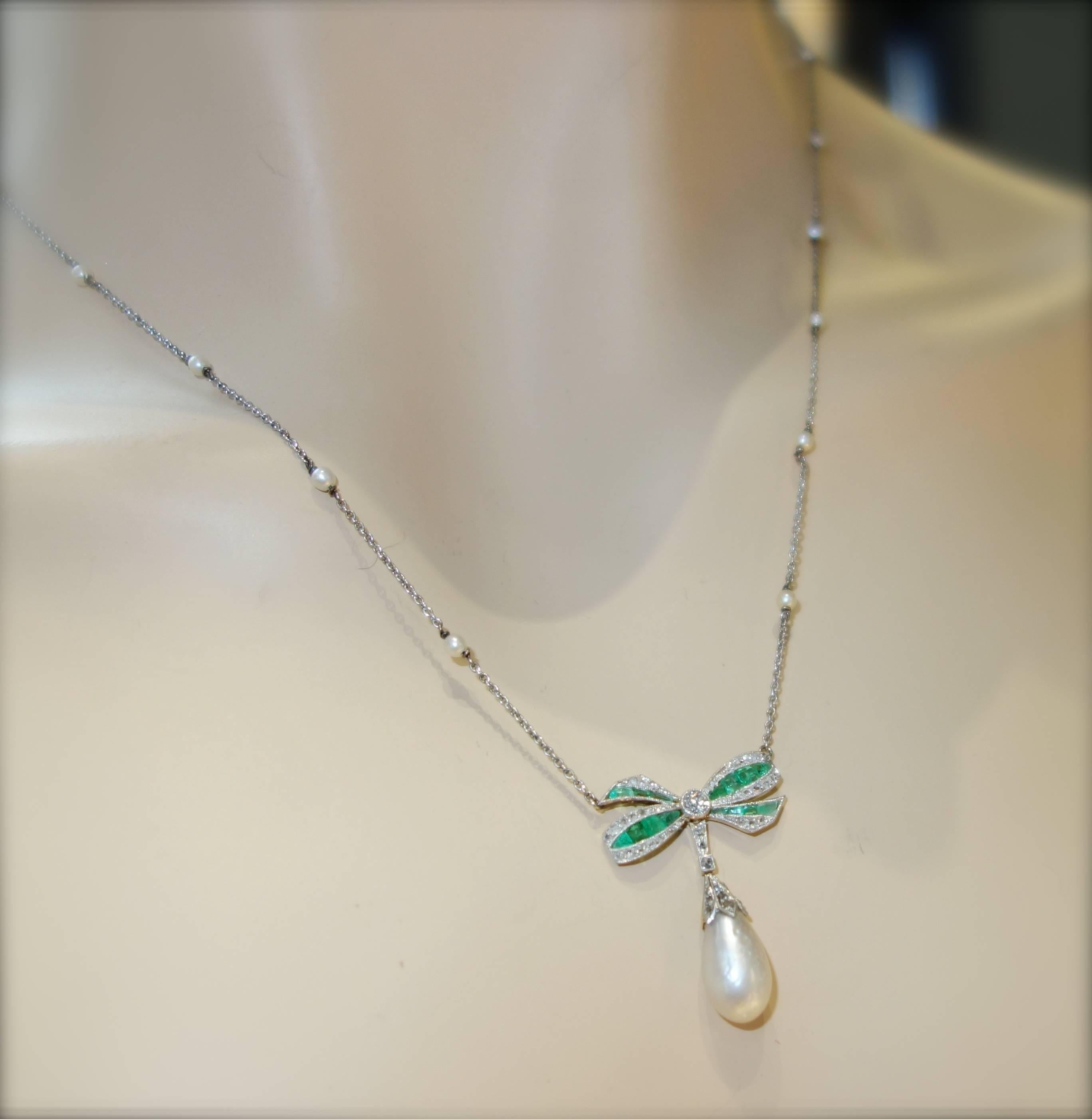 Edwardian Natural Pearl Emerald Diamond Pendant In Excellent Condition In Aspen, CO