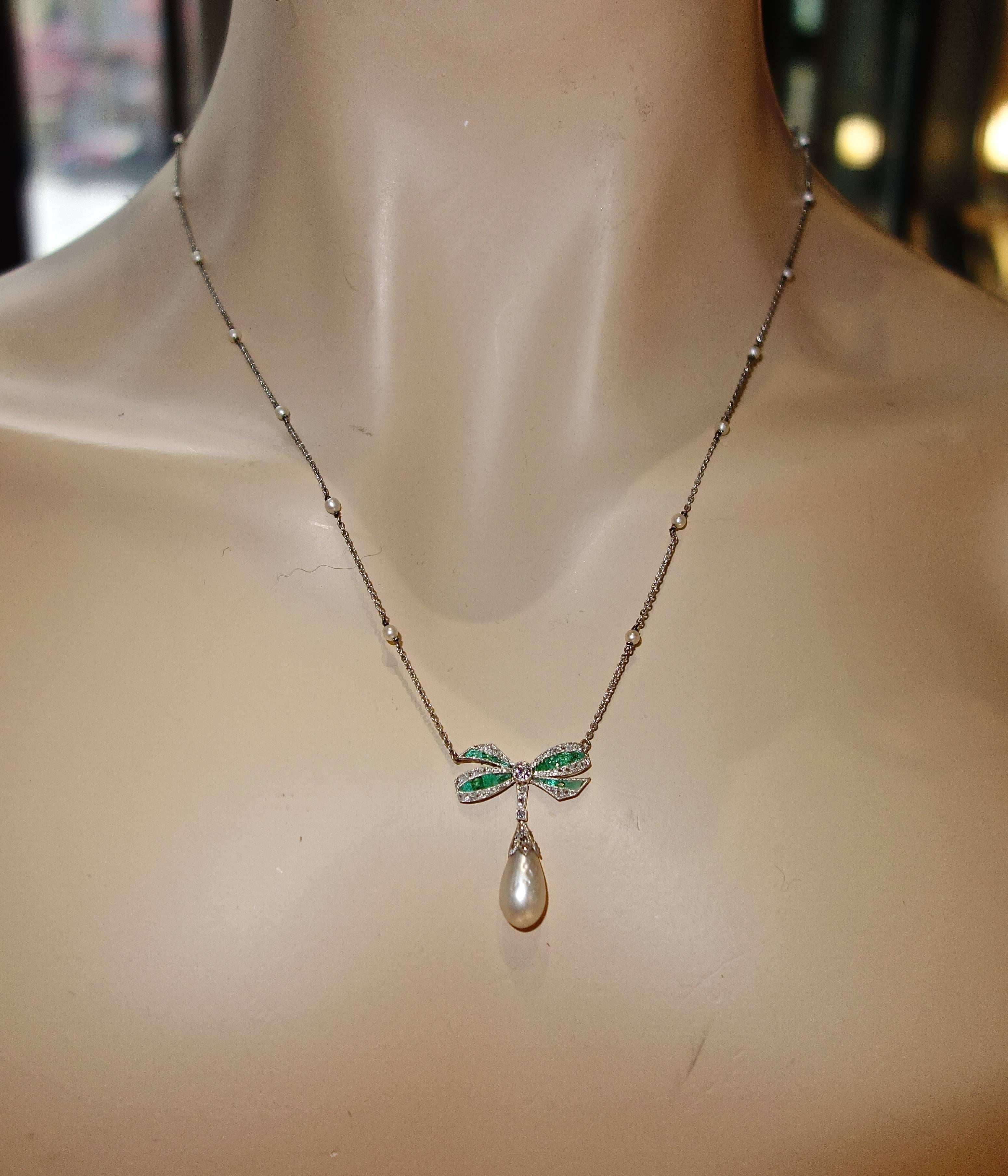 Edwardian Natural Pearl Emerald Diamond Pendant 2