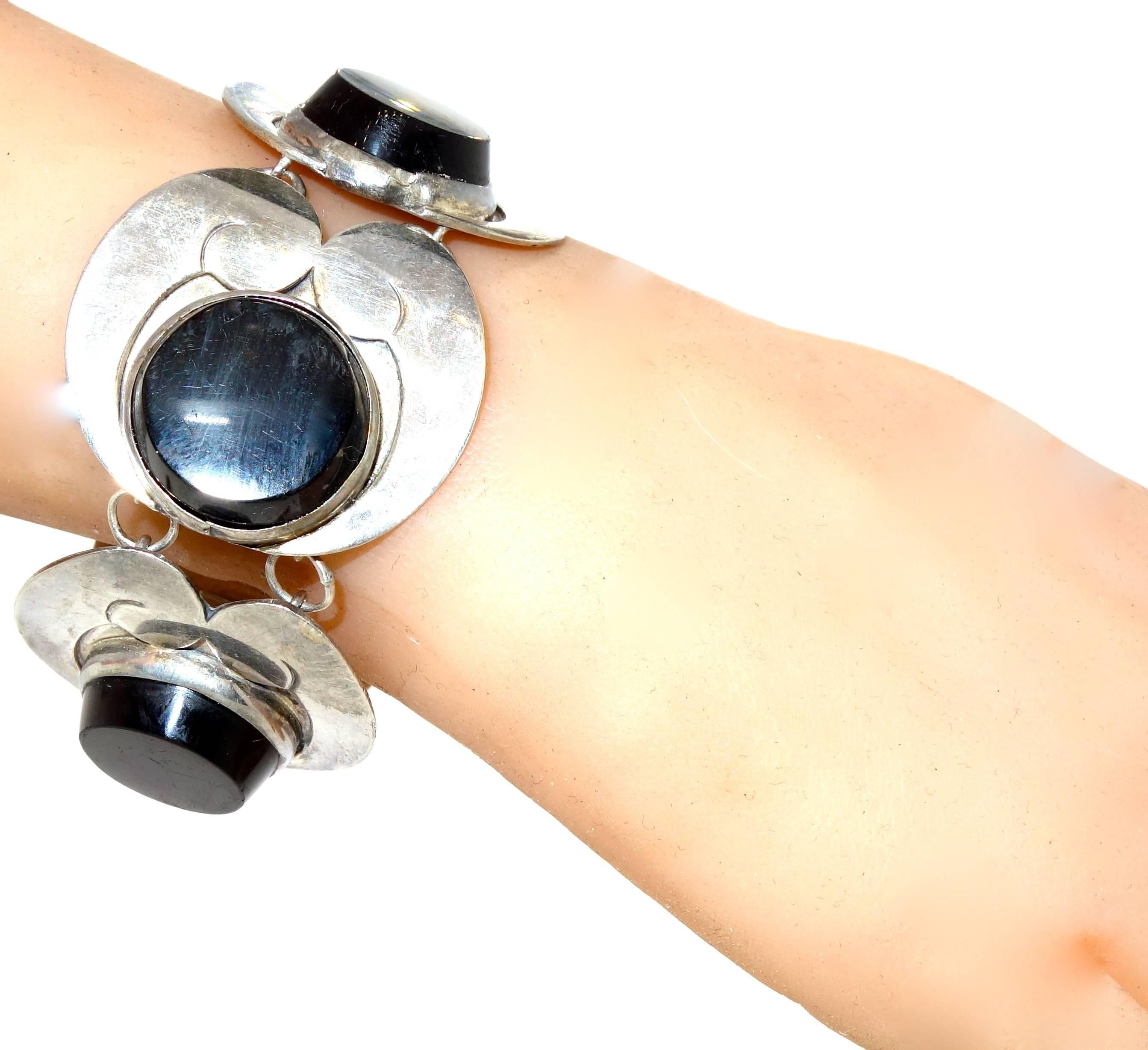 Art Deco Mexican Silver Onyx Bracelet, circa 1940