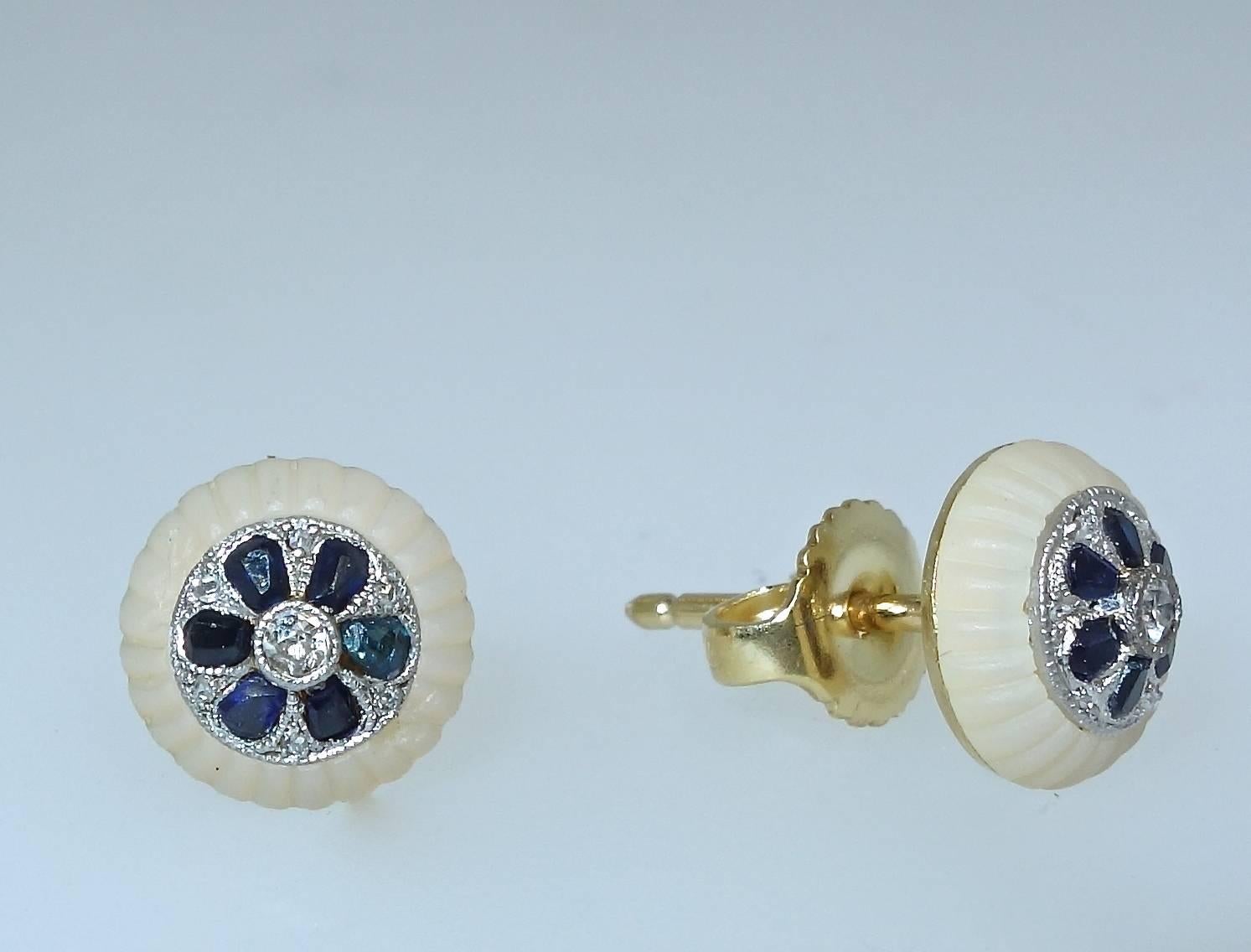 Antique Sapphire Diamond Fluted Rock Crystal Ear Studs In Excellent Condition In Aspen, CO