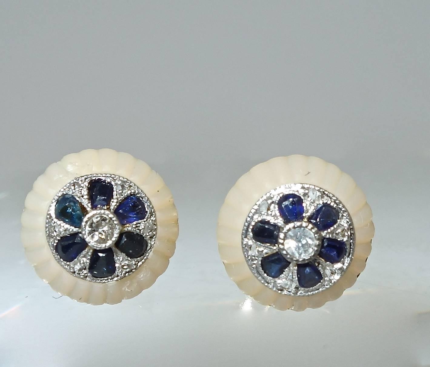Edwardian Antique Sapphire Diamond Fluted Rock Crystal Ear Studs