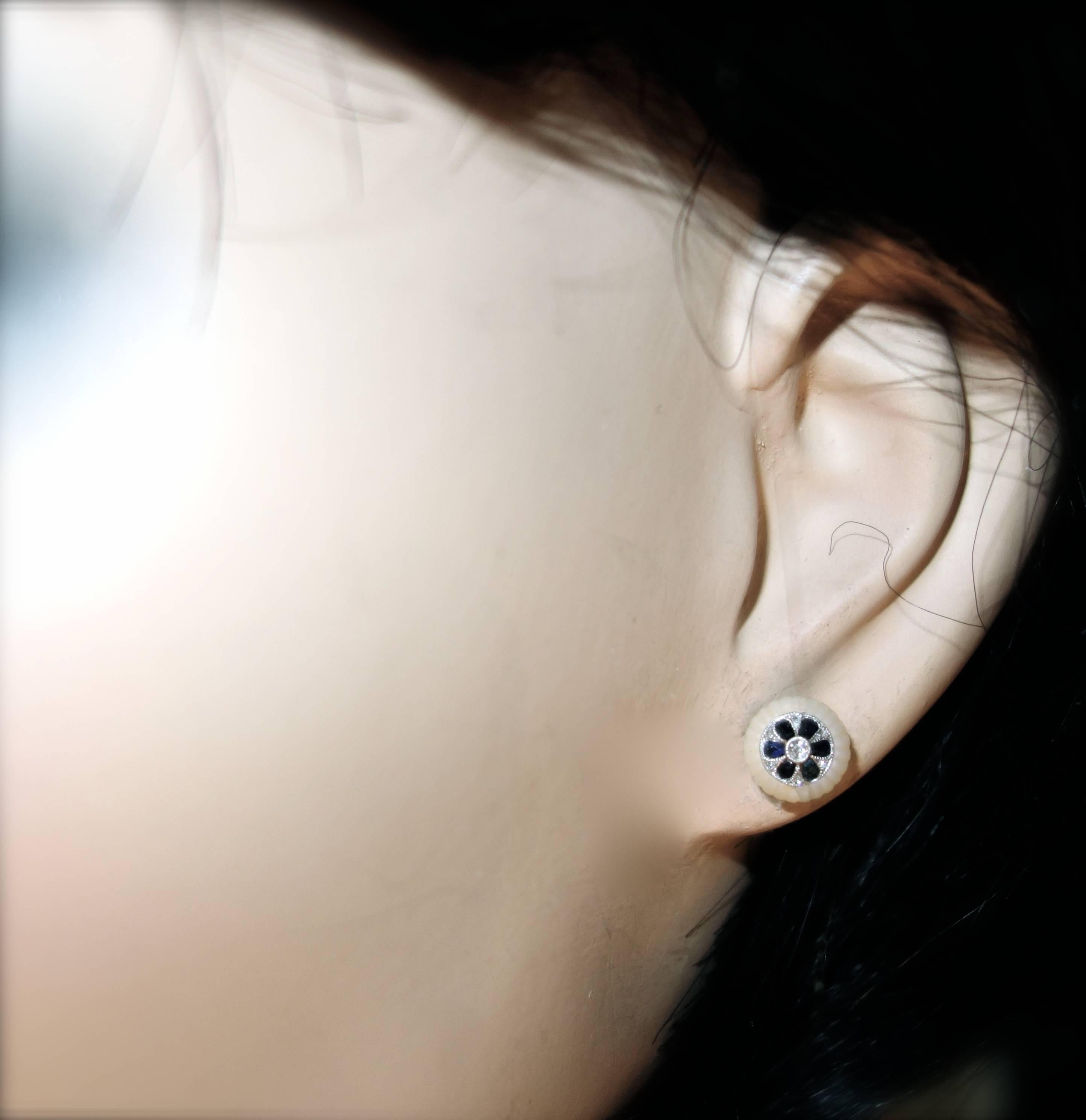 Women's Antique Sapphire Diamond Fluted Rock Crystal Ear Studs