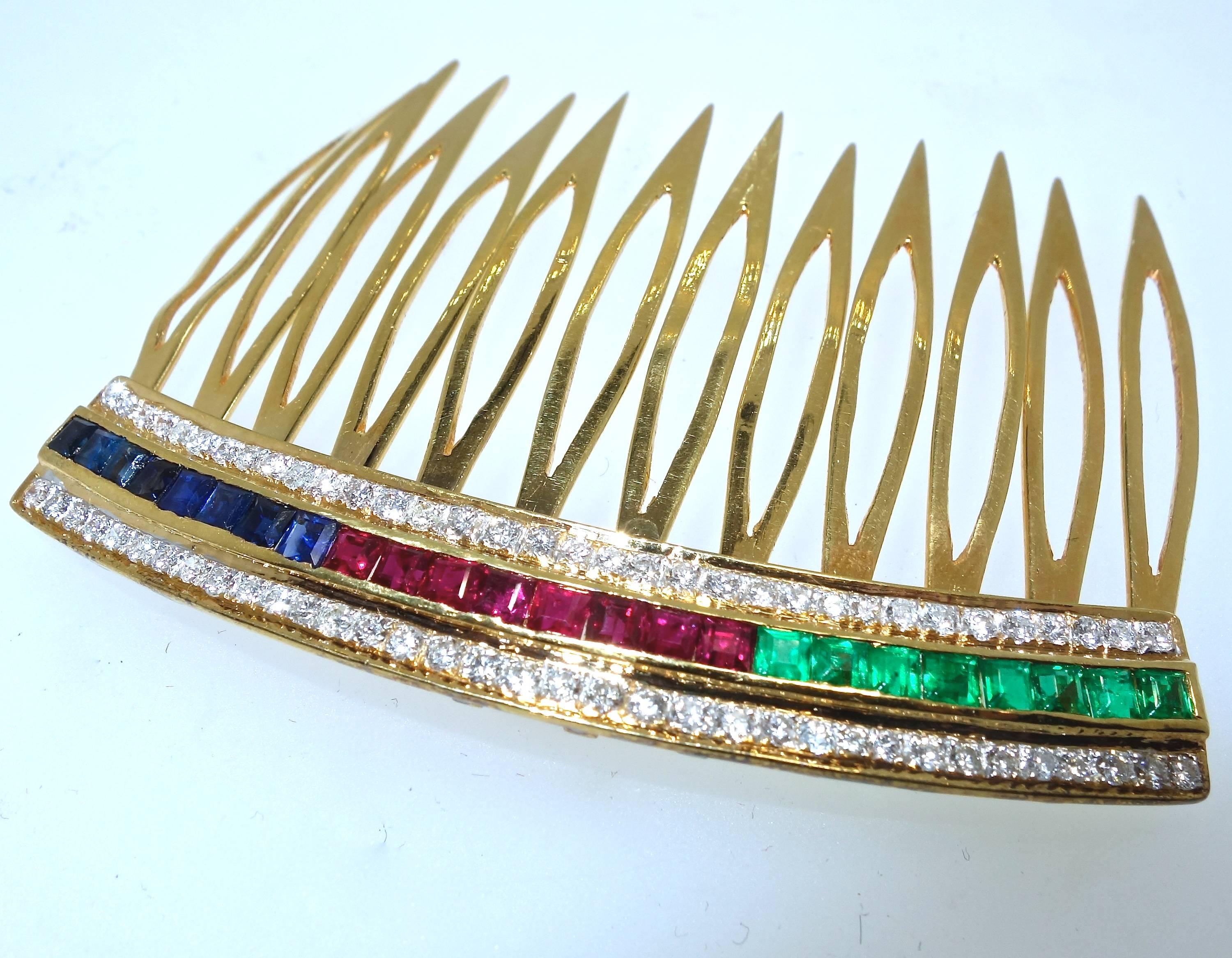Contemporary   Hair Barrette in Gold with Rubies, Diamonds, Sapphires and Emeralds.