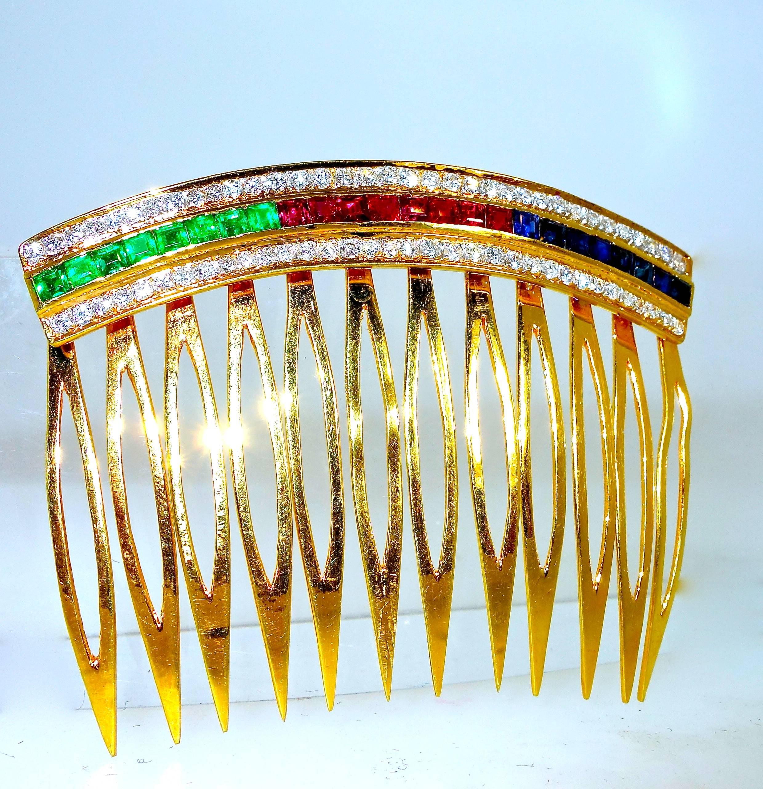   Hair Barrette in Gold with Rubies, Diamonds, Sapphires and Emeralds. In Excellent Condition In Aspen, CO