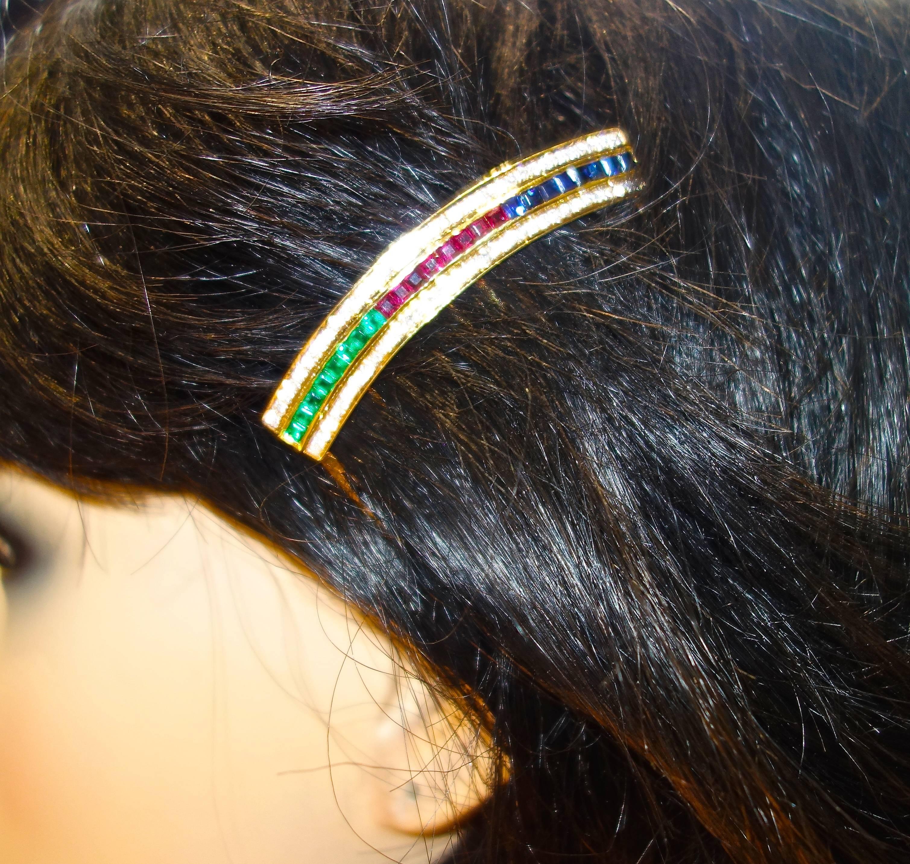 Women's   Hair Barrette in Gold with Rubies, Diamonds, Sapphires and Emeralds.