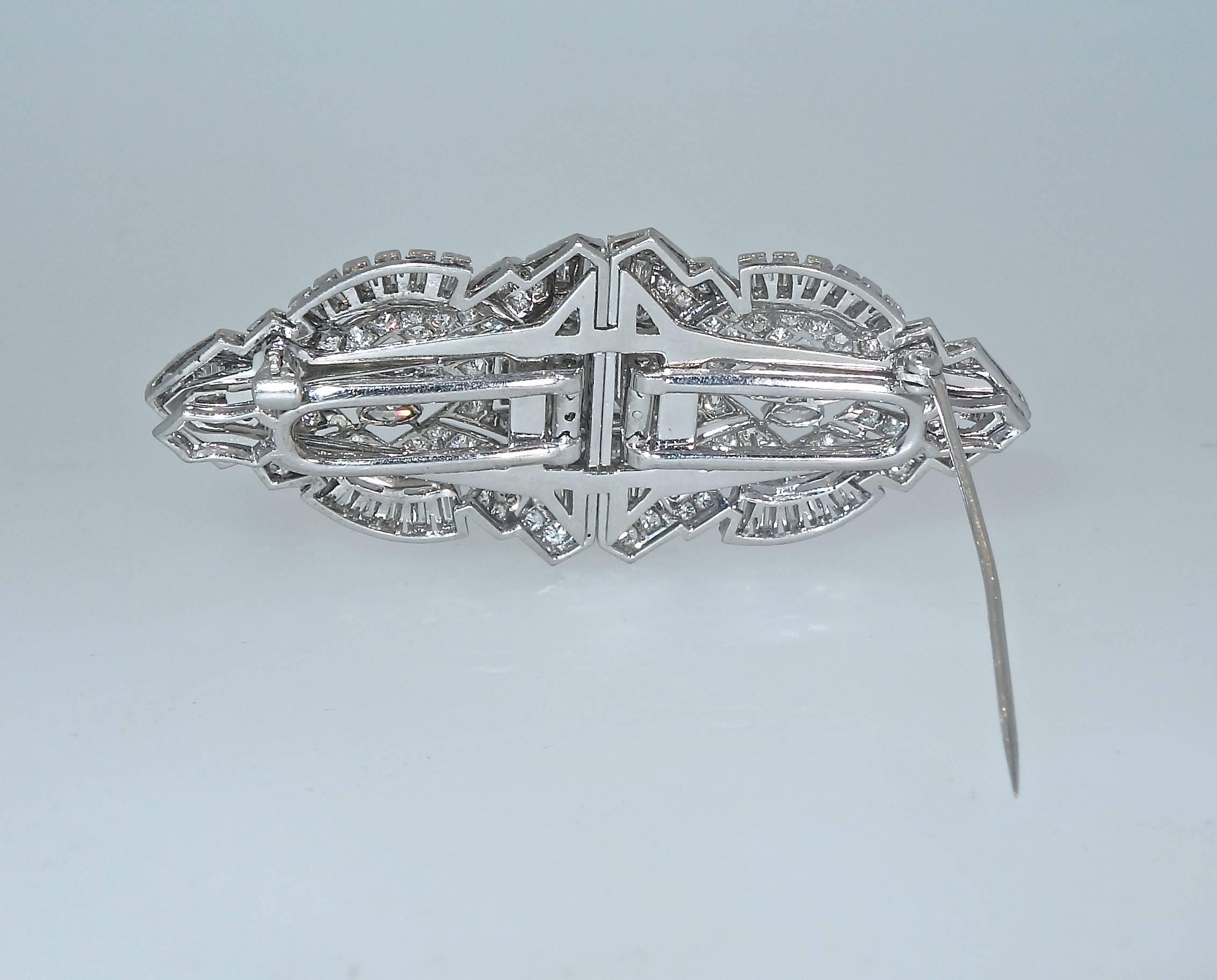 Women's or Men's Art Deco Diamond Double Clip Platinum Brooch