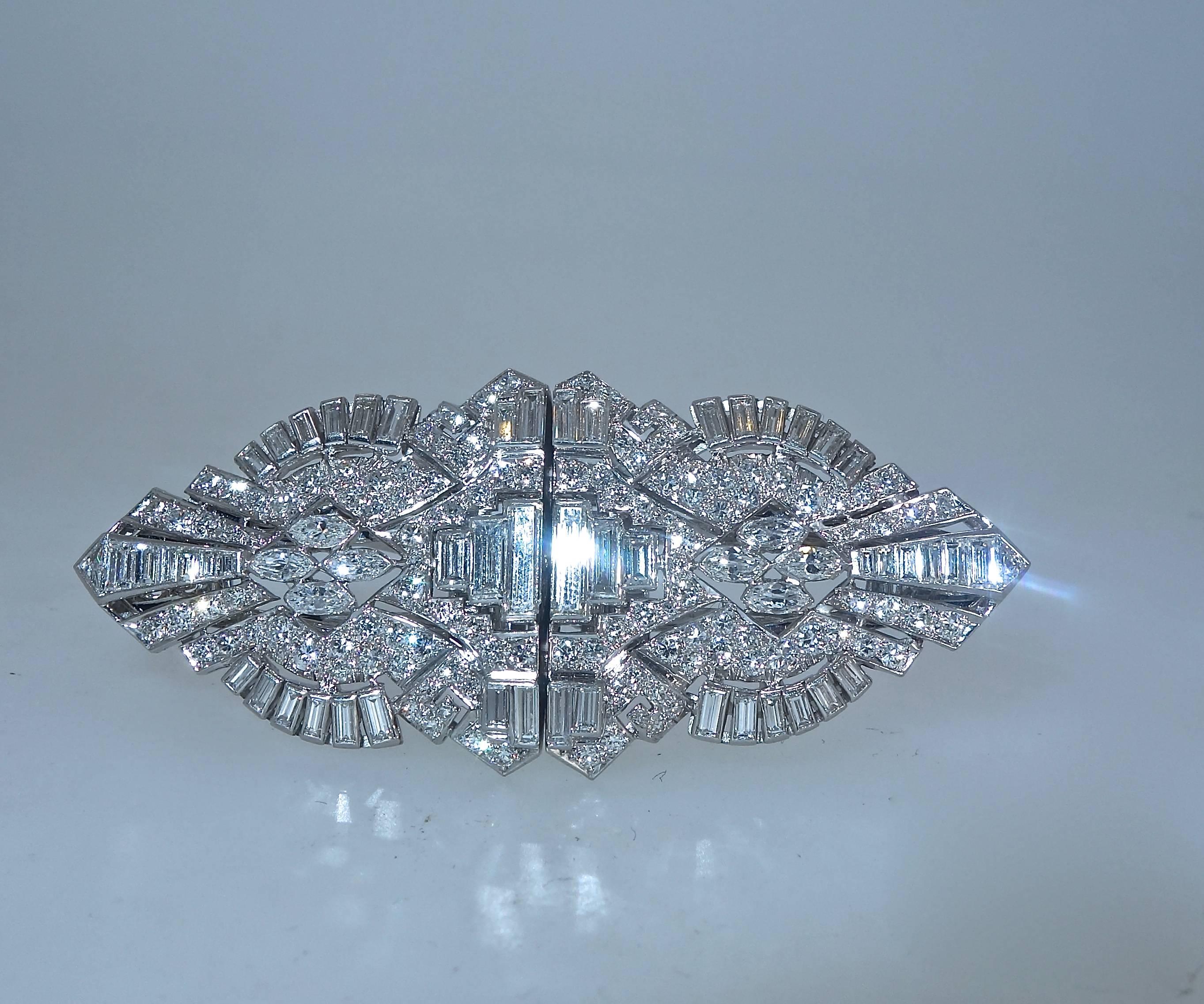 Art Deco Diamond Double Clip Platinum Brooch 2
