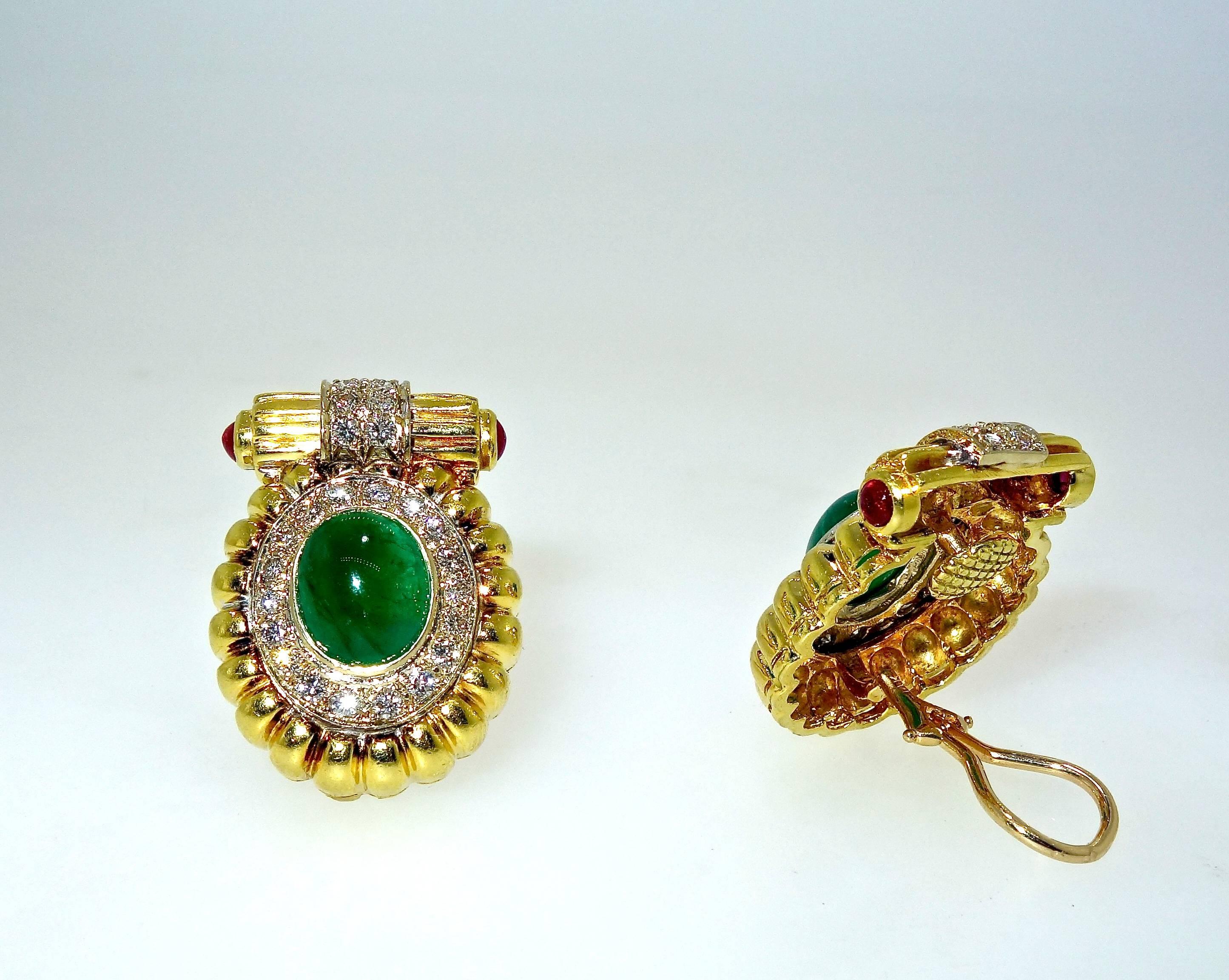 Contemporary 18 Karat Gold, Emerald, Diamond and Ruby Earrings