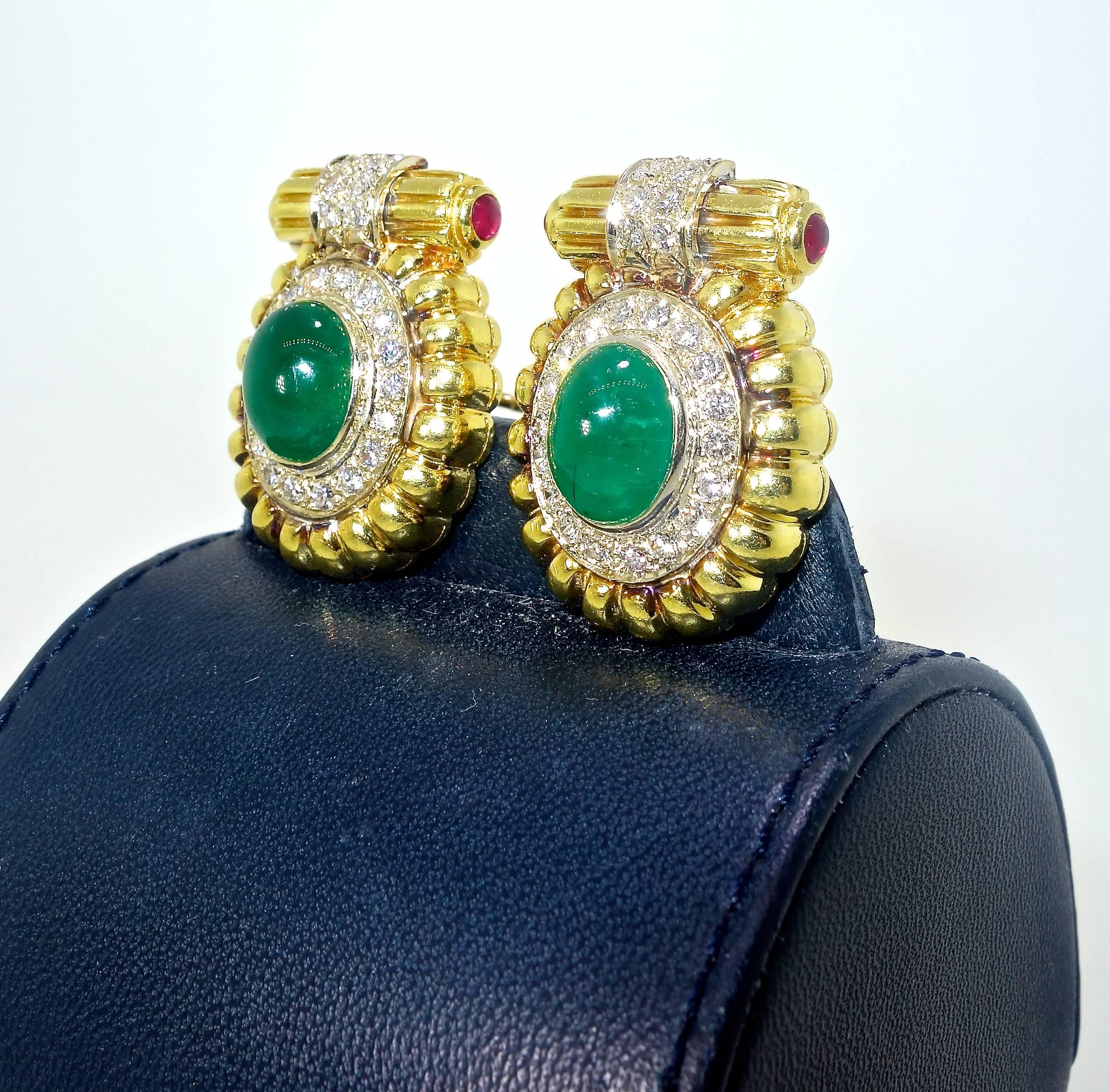 Women's 18 Karat Gold, Emerald, Diamond and Ruby Earrings