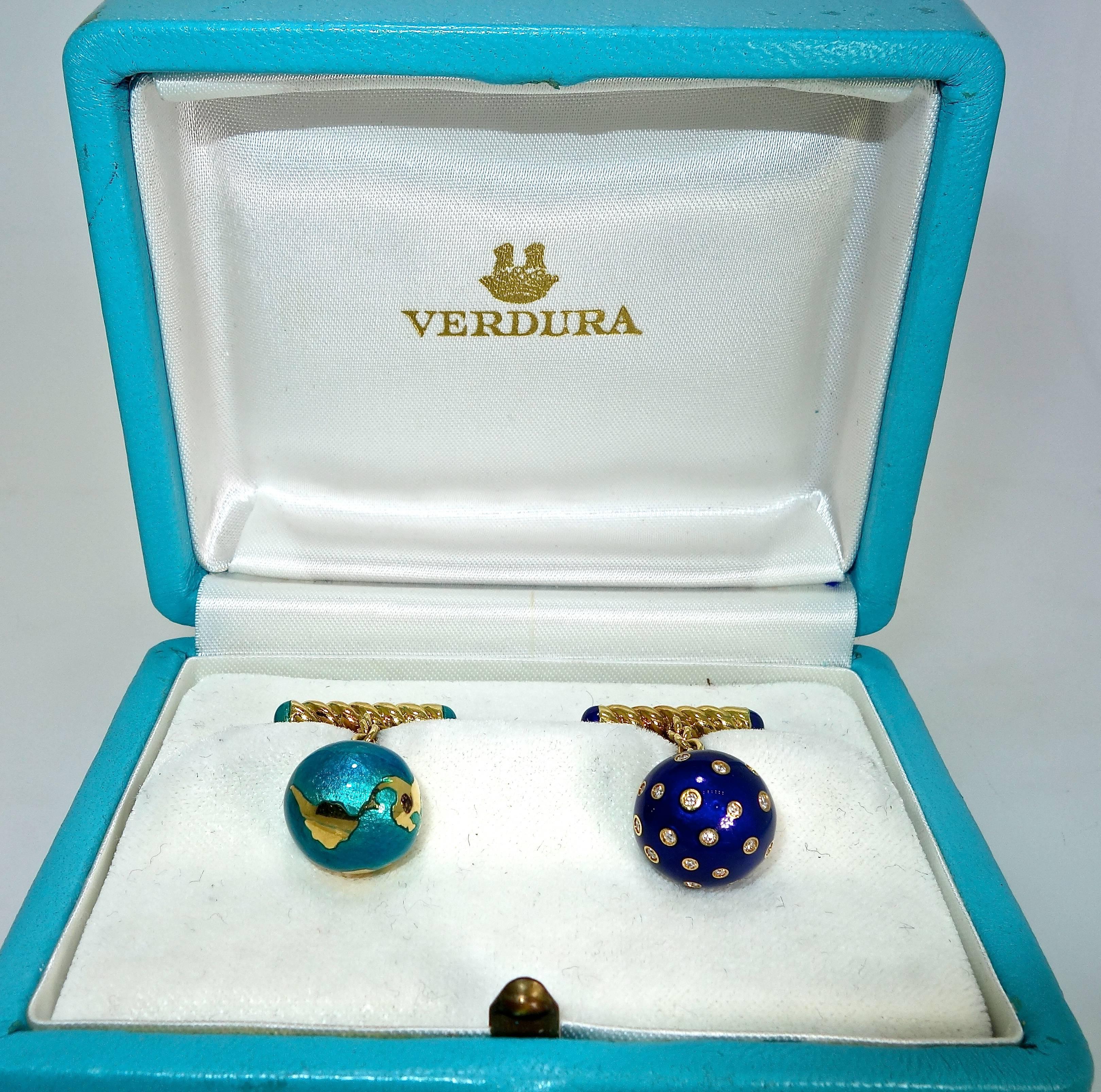 These period cufflinks, in their original box, are 18K, diamonds and enamel by the world famous designer Fulco di Verdura for his good friend, Cole Porter to celebrate Porter's new  popular hit song, "Night and Day," these earth and star