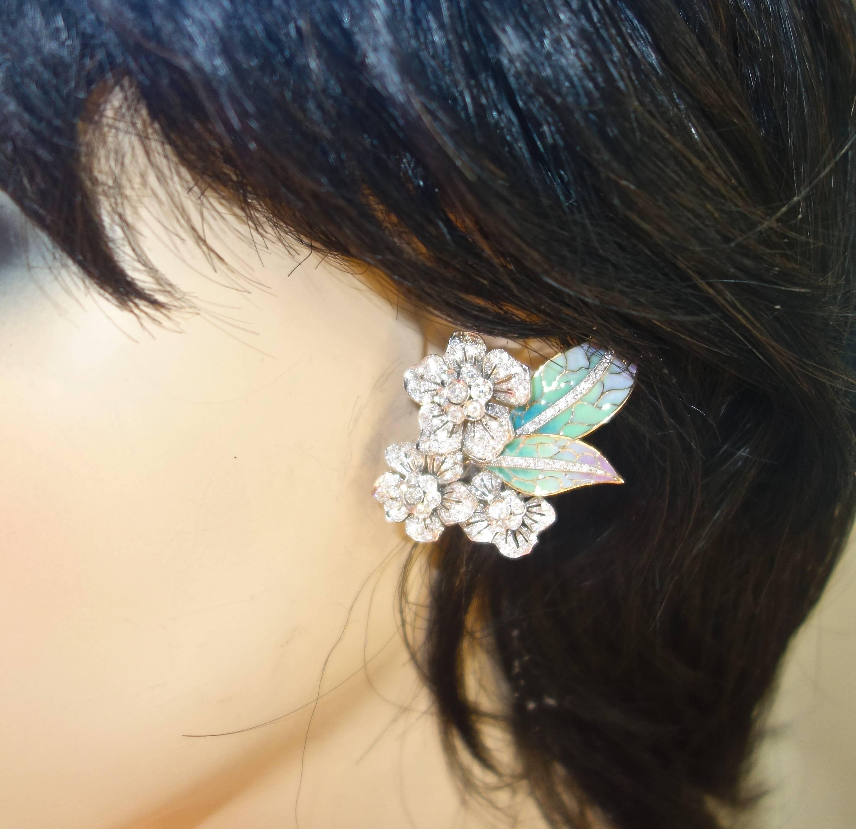 Diamond Plique a jour  Enamel Earrings In Excellent Condition In Aspen, CO