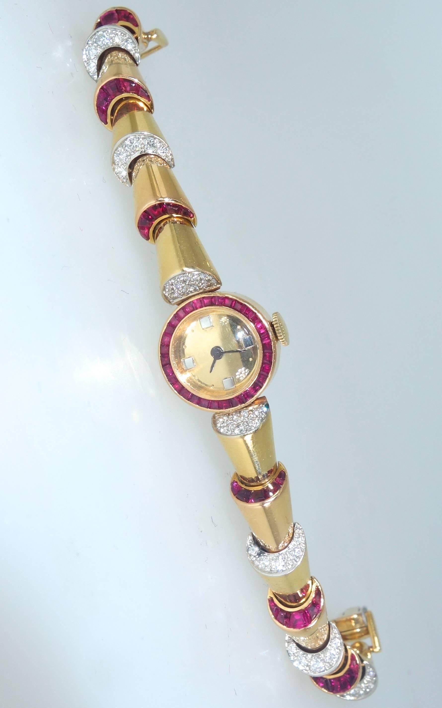 Oscar Heyman Yellow Gold Diamond Ruby Retro Bracelet Wristwatch, circa 1950 In Excellent Condition In Aspen, CO