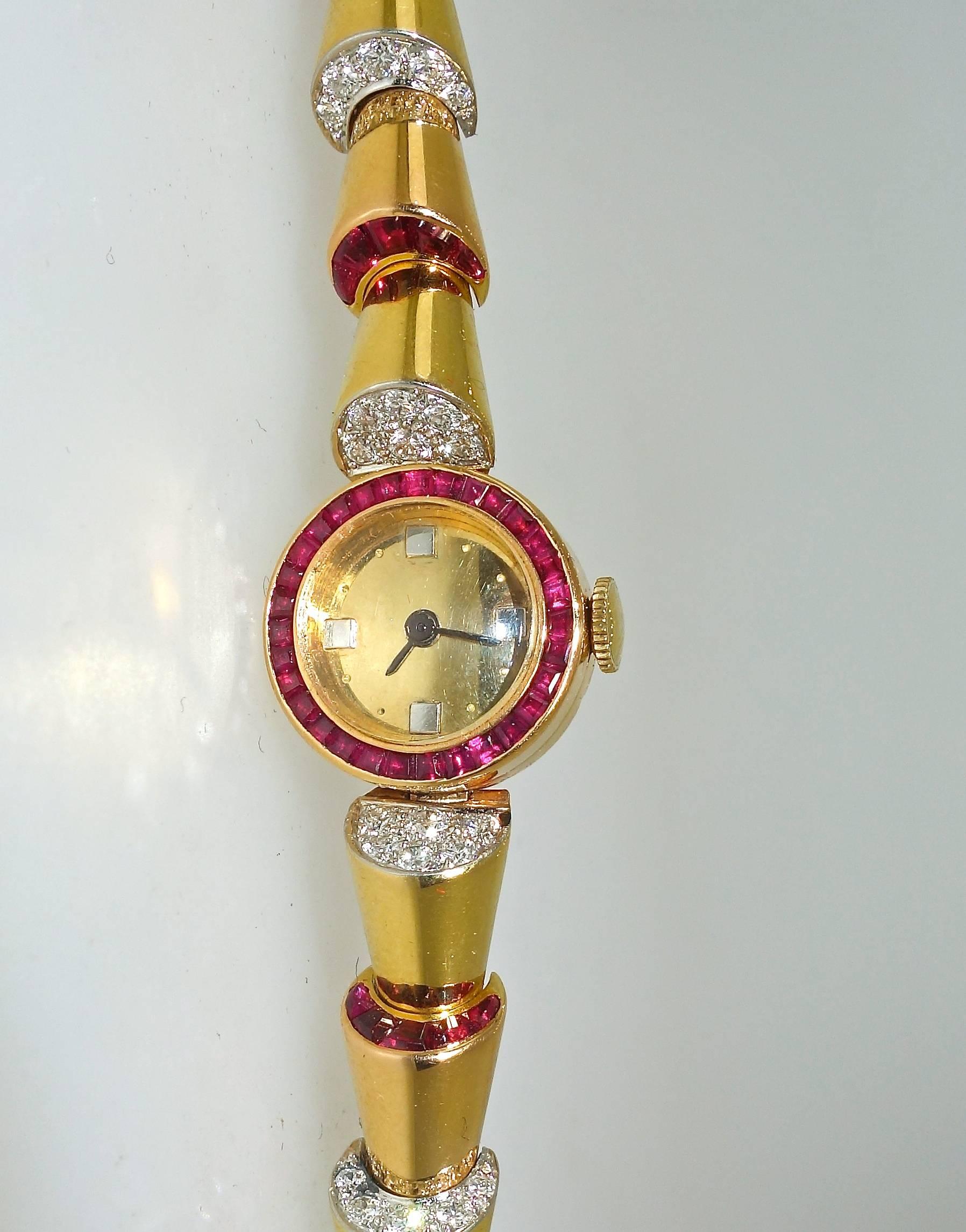 Oscar Heyman Yellow Gold Diamond Ruby Retro Bracelet Wristwatch, circa 1950 2