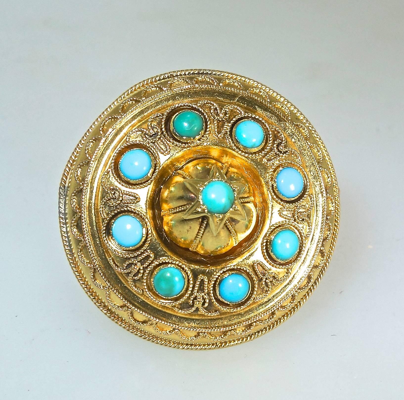 Victorian Antique Etruscan Revival Brooch with Turquoise