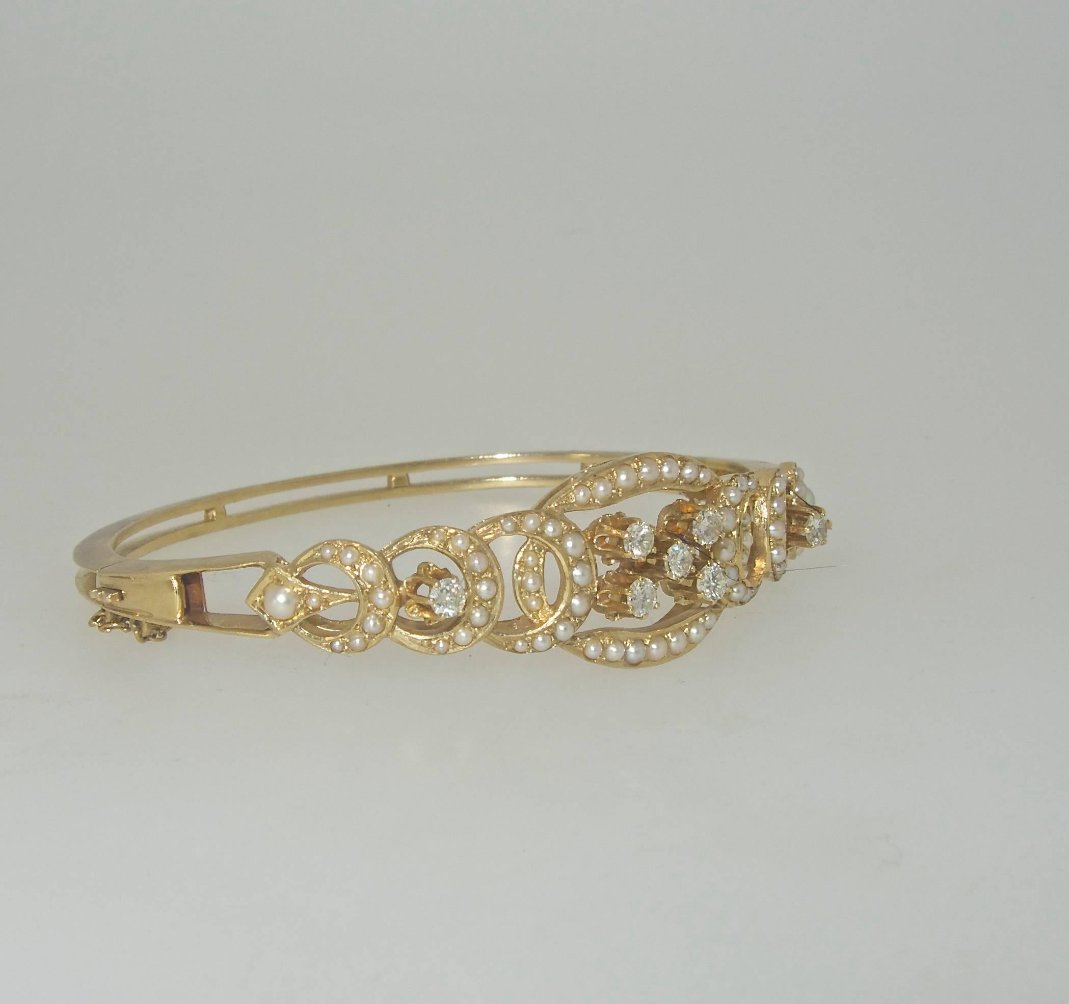 Edwardian Diamond and Pearl Gold Bangle Bracelet