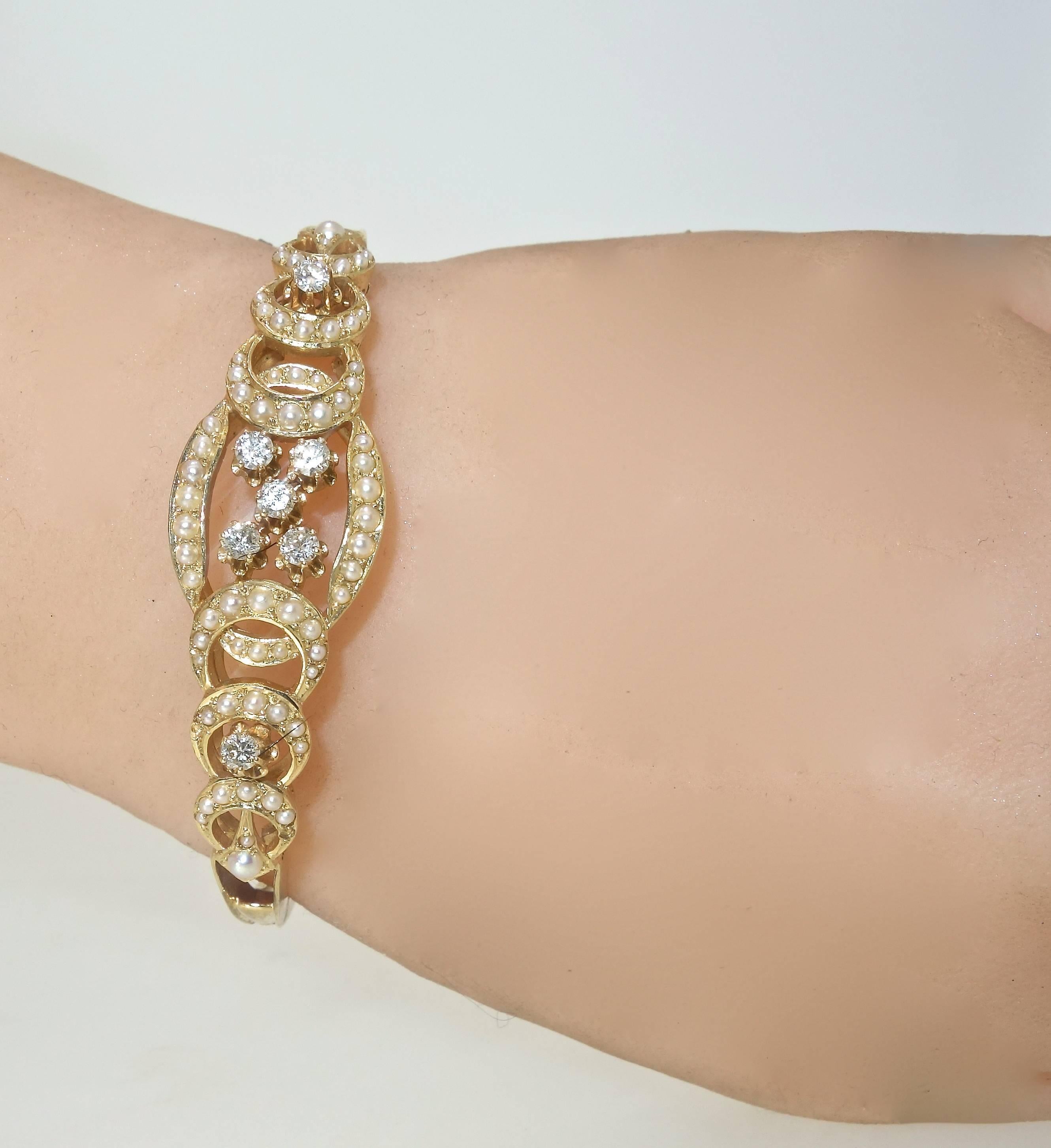 Diamond and Pearl Gold Bangle Bracelet In Excellent Condition In Aspen, CO