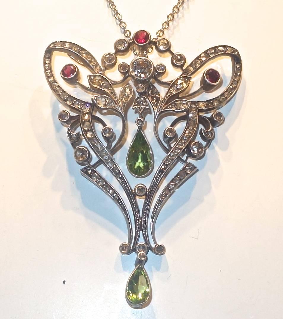 Victorian Antique Peridot, Ruby and Diamond Pendant, circa 1870
