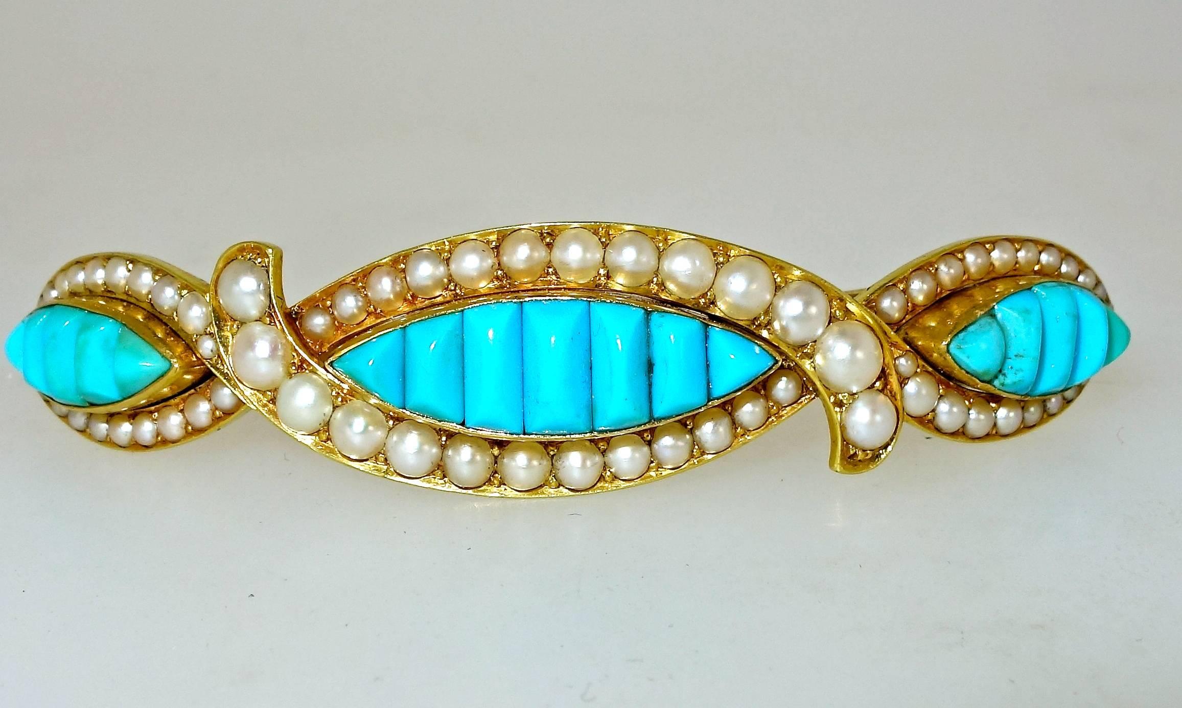 Hair Barrette 19th century natural Persian Turquoise and natural pearls in  In Excellent Condition In Aspen, CO