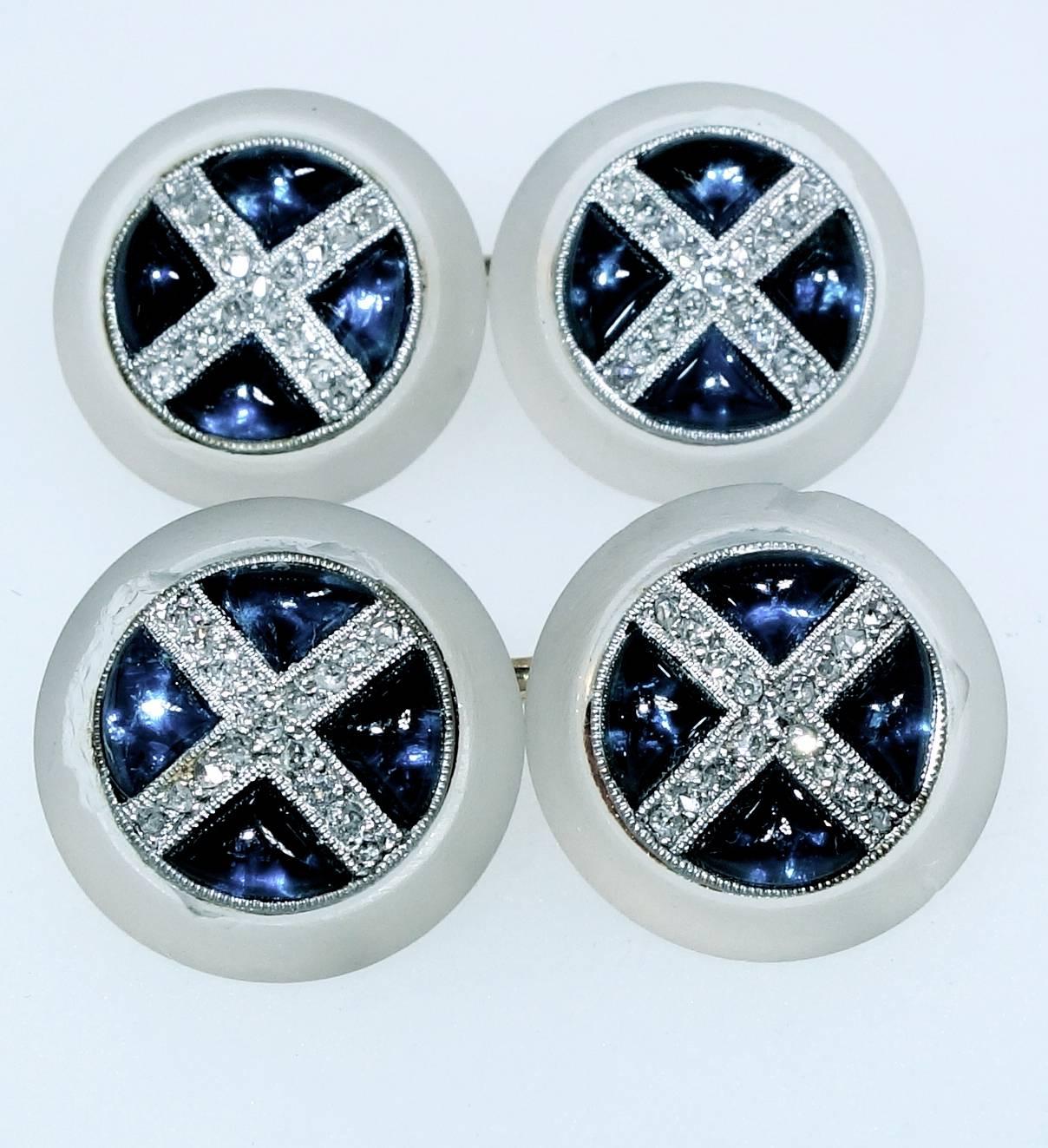 Art Deco Sapphire Diamond Frosted Rock Crystal Cufflinks In Excellent Condition In Aspen, CO