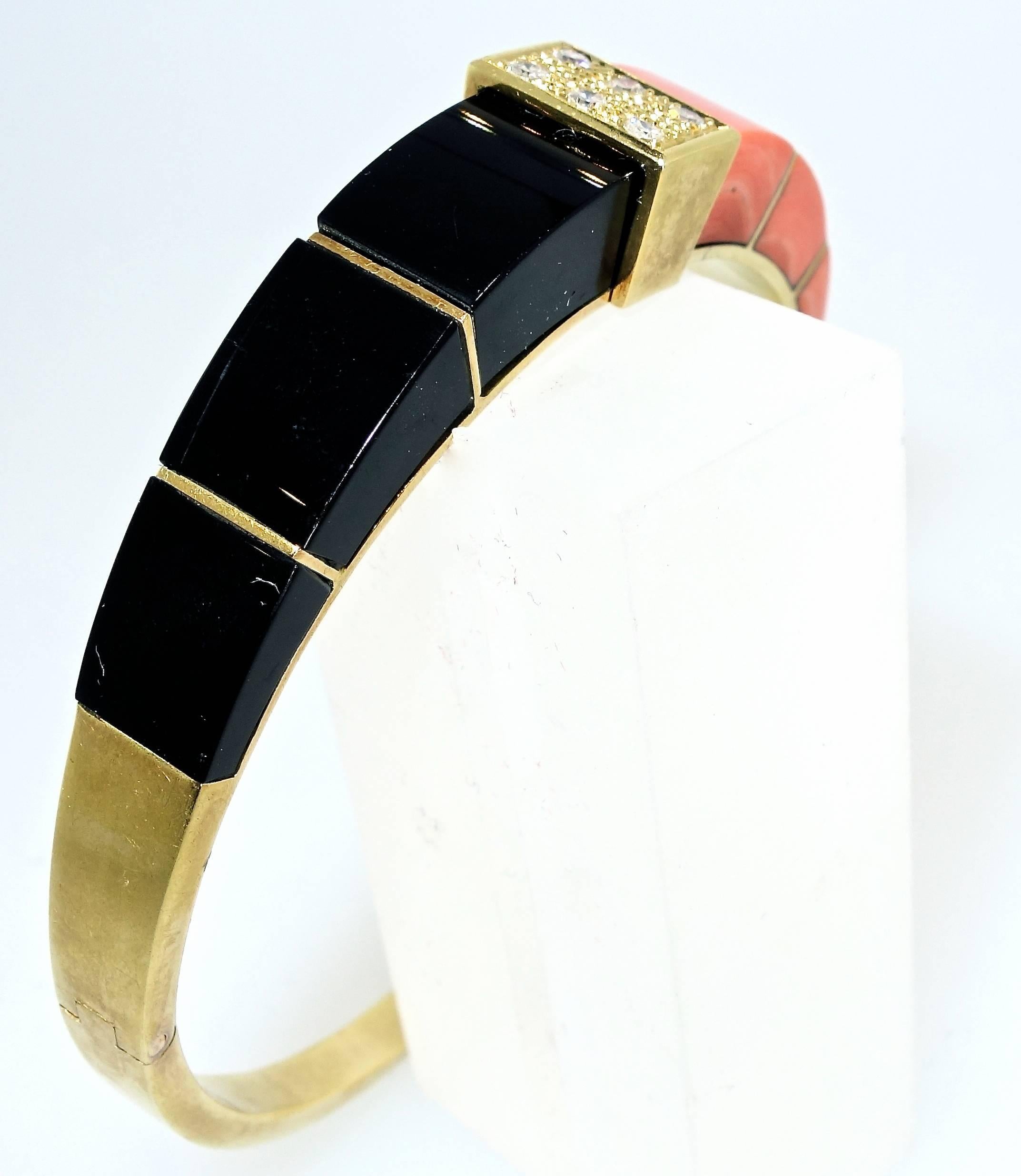 Modern 18 Karat Onyx, Coral and Diamond Bangle Bracelet