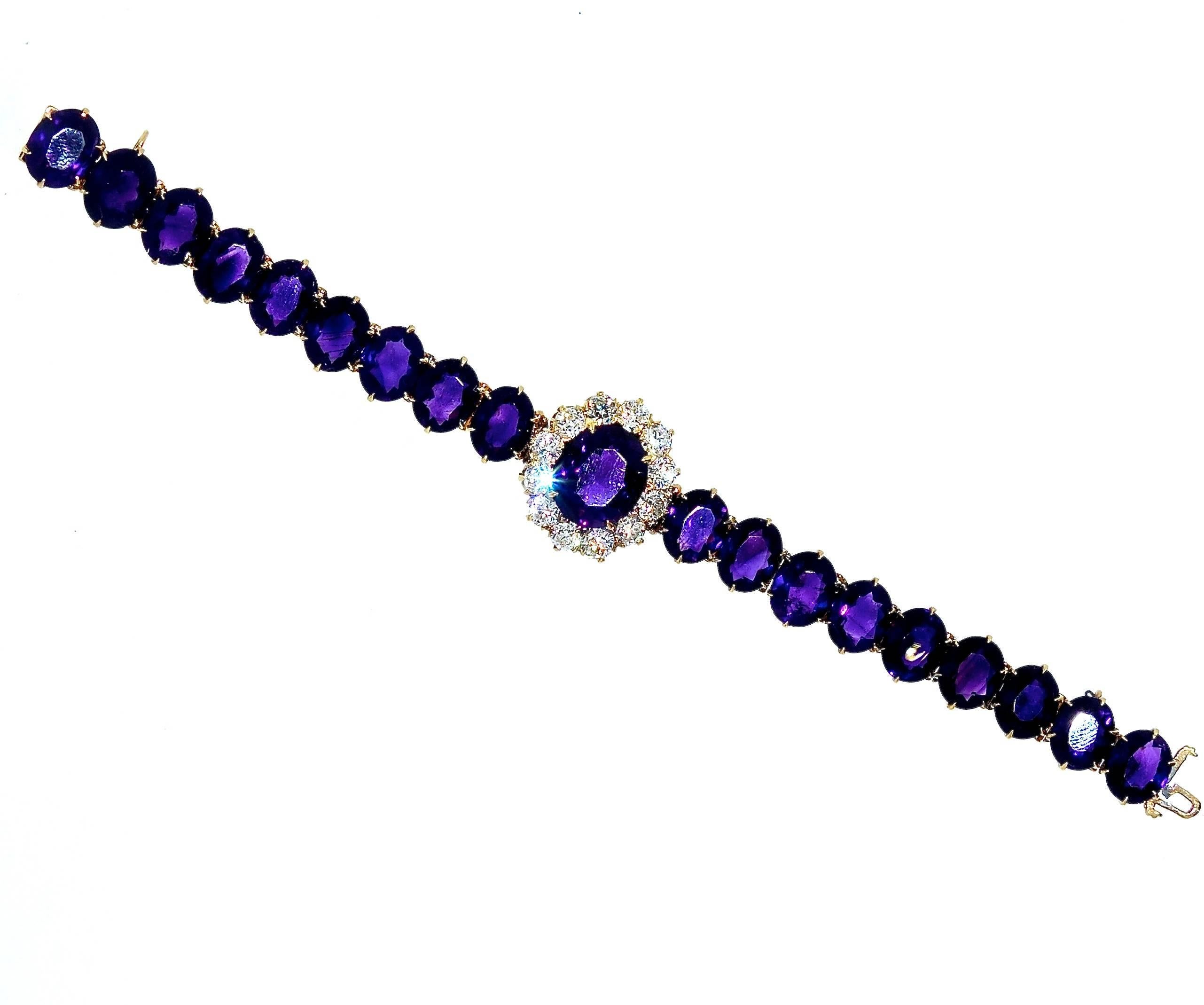 Late 19th century gold bracelet with approximately 35 cts. of fine deep purple/red natural amethysts and 3.6 cts of 
European cut diamonds, all near colorless and very slightly included.  This bracelet is well made and 6.75 inches in length.