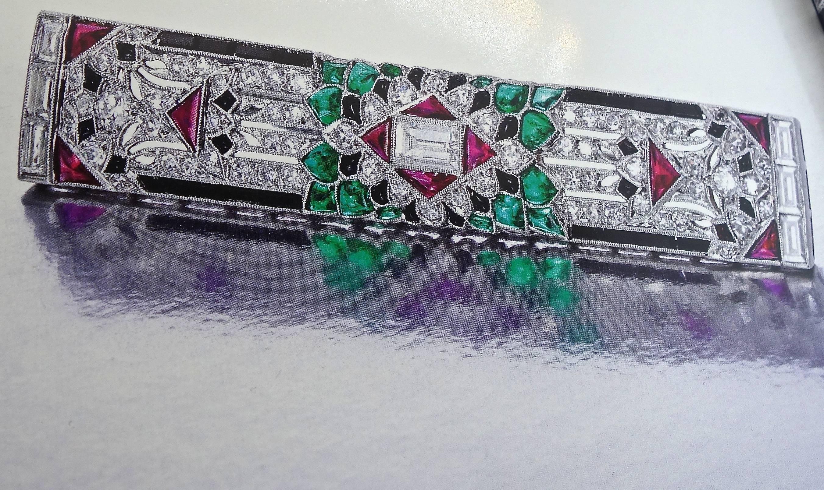 Art Deco Emerald, Diamond, Ruby and Onyx Brooch, circa 1925 2